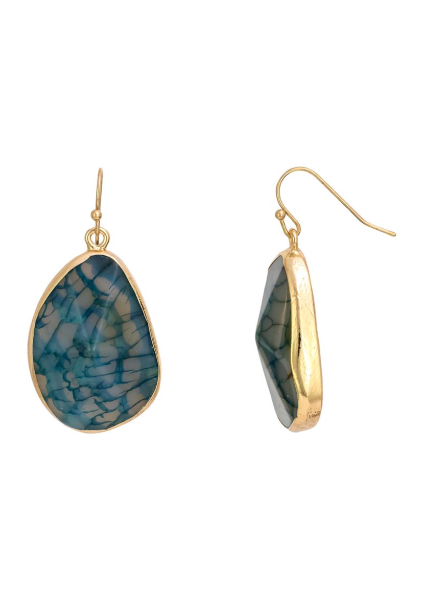Gold Tone Faceted Blue Framed Semi Stone Drop Earrings