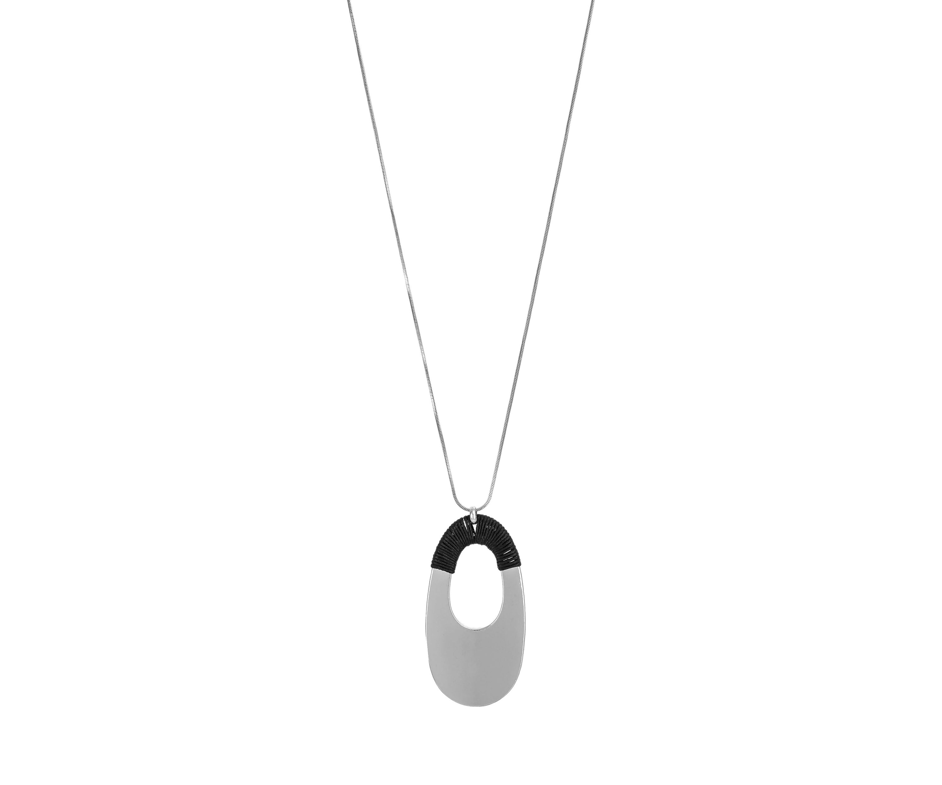 Silver Tone Black Cord Wrapped Open Oval Pendant Necklace
