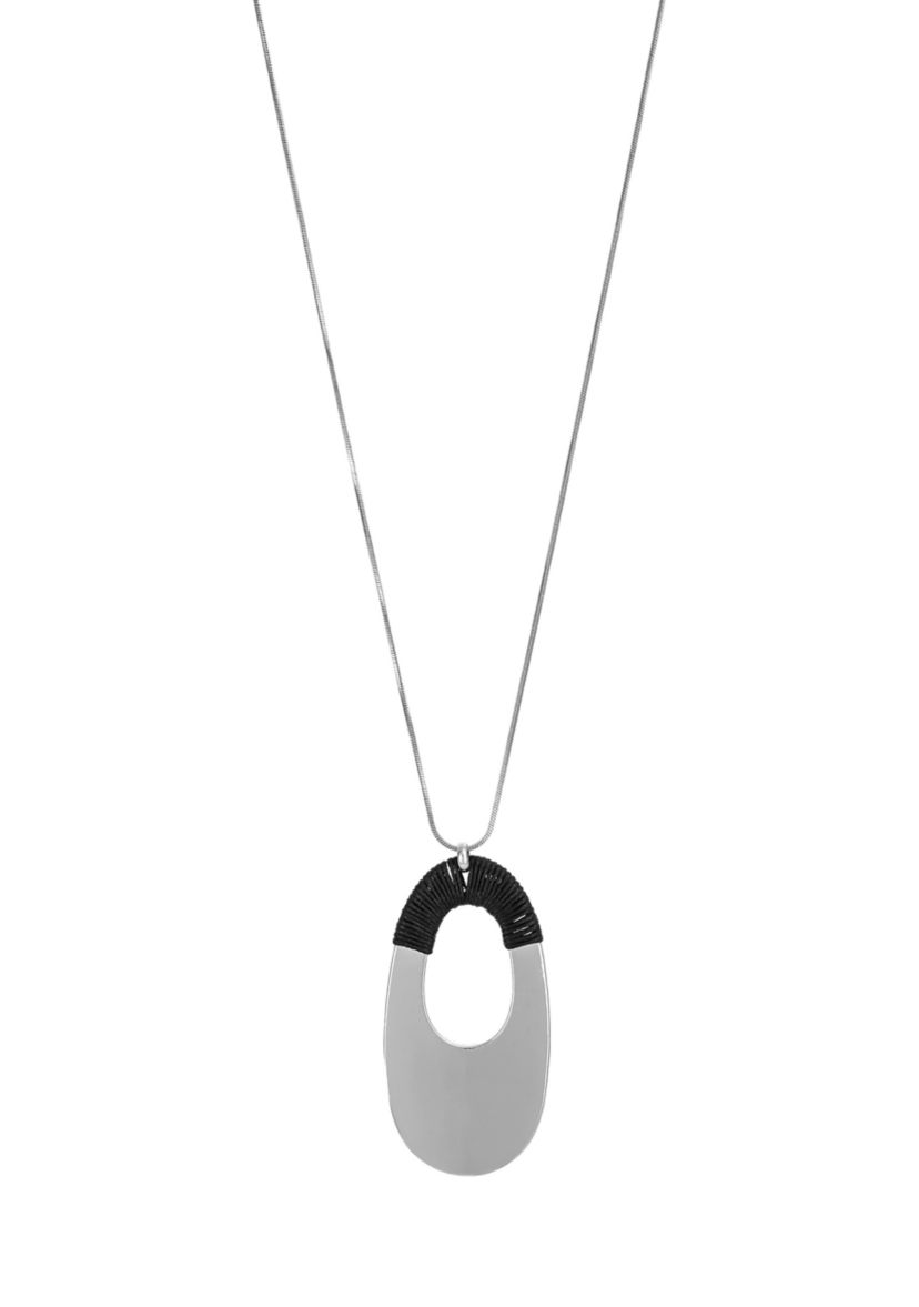 Silver Tone Black Cord Wrapped Open Oval Pendant Necklace