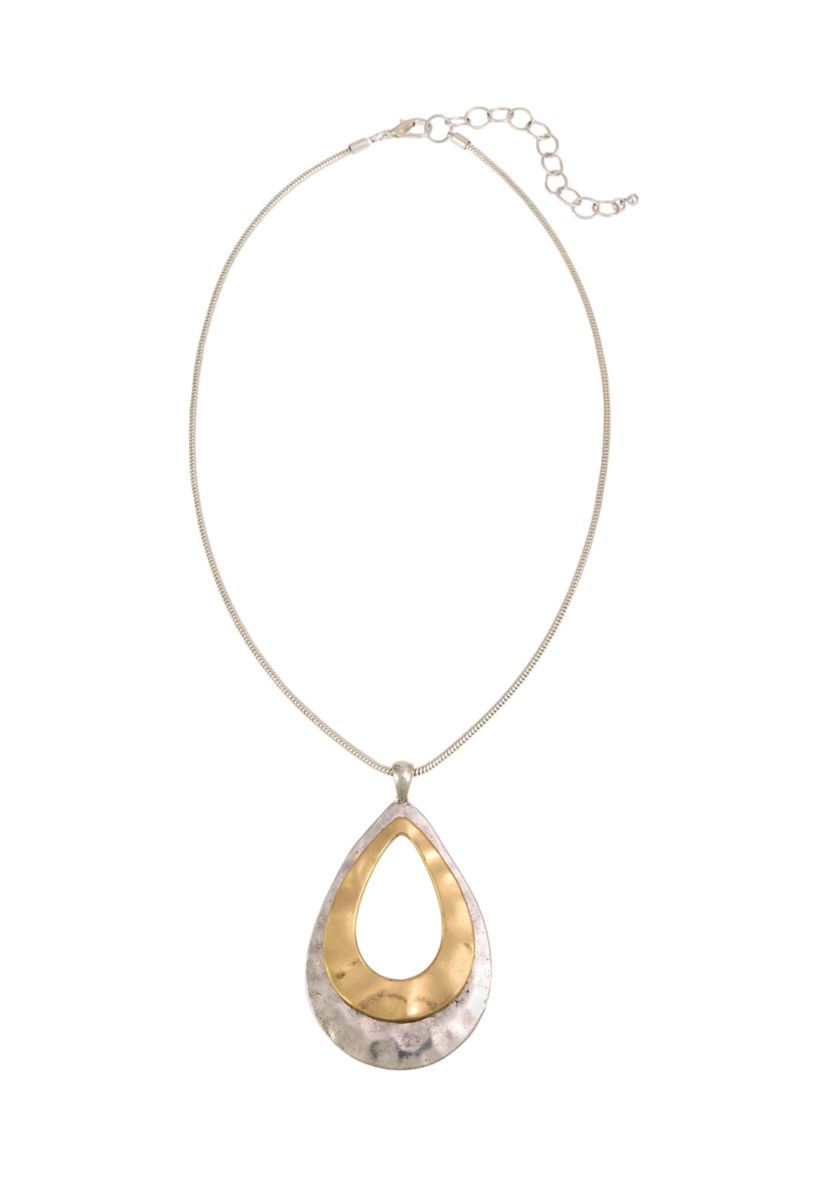 Two Tone 19.5 + 3 Extender Short Chain Necklace with Open Tear Drop Pendant