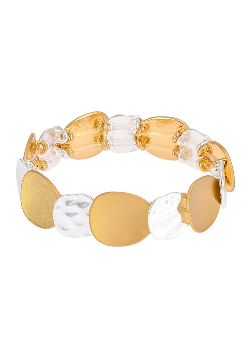 Two Tone Smooth and Hammered Disc Stretch Bracelet