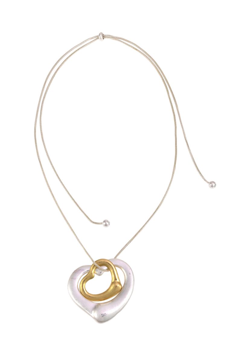 Two Tone 34.5 Double Open Heart Pendant Drop Necklace on Snake Chain