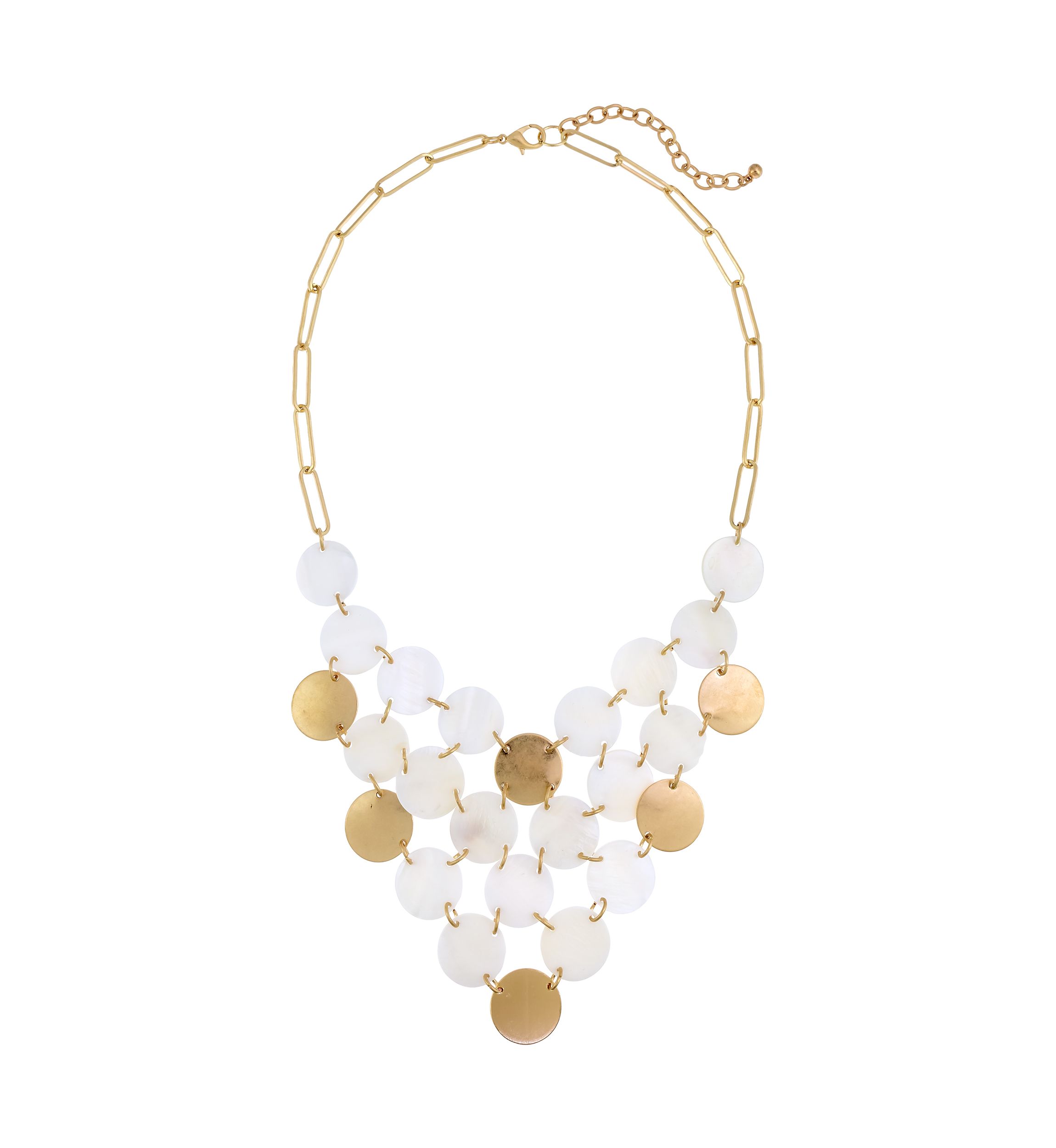 Gold Tone White and Metal Disc Bib Frontal Statement Necklace