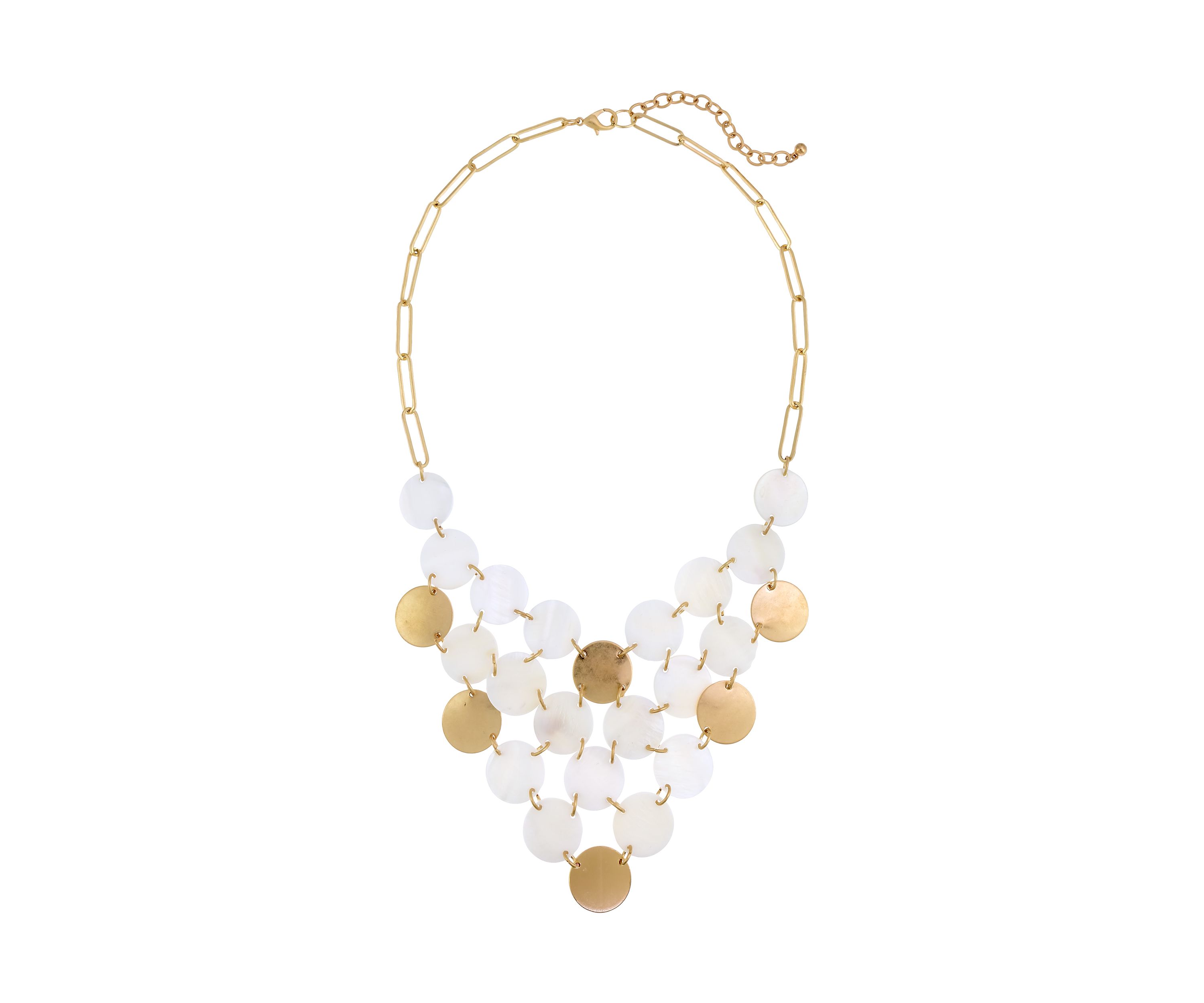 Gold Tone White and Metal Disc Bib Frontal Statement Necklace