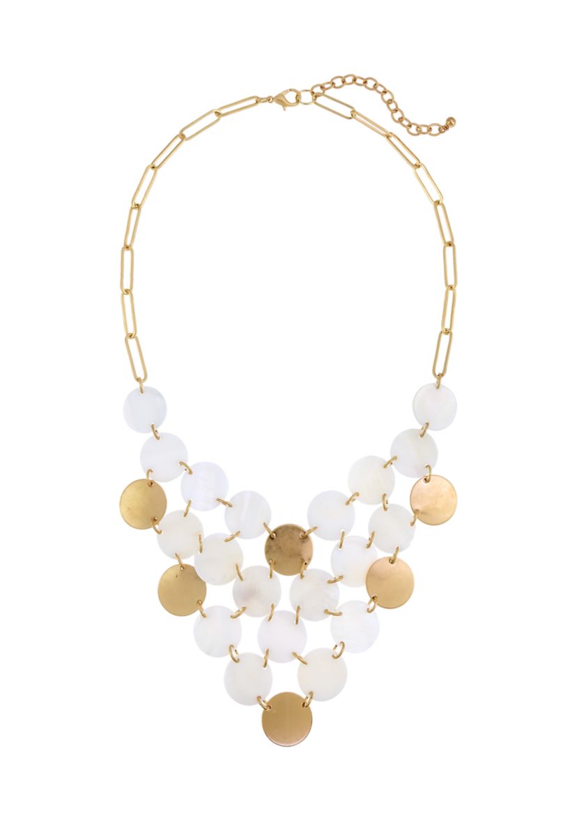 Gold Tone White and Metal Disc Bib Frontal Statement Necklace