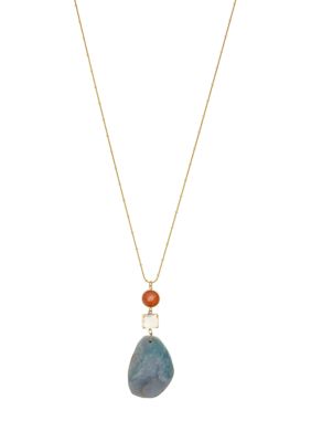 Wonderly Gold Tone Blue Multi Large Oval Faced Stone Pendant Necklace With Top Accent Stones