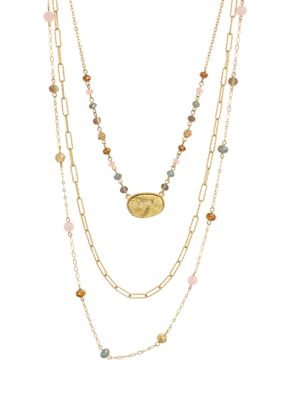 Wonderly Gold Tone Pink And Blue Multi Bead Station Layered 3 Row Short Necklace With Oval Druzy Drop