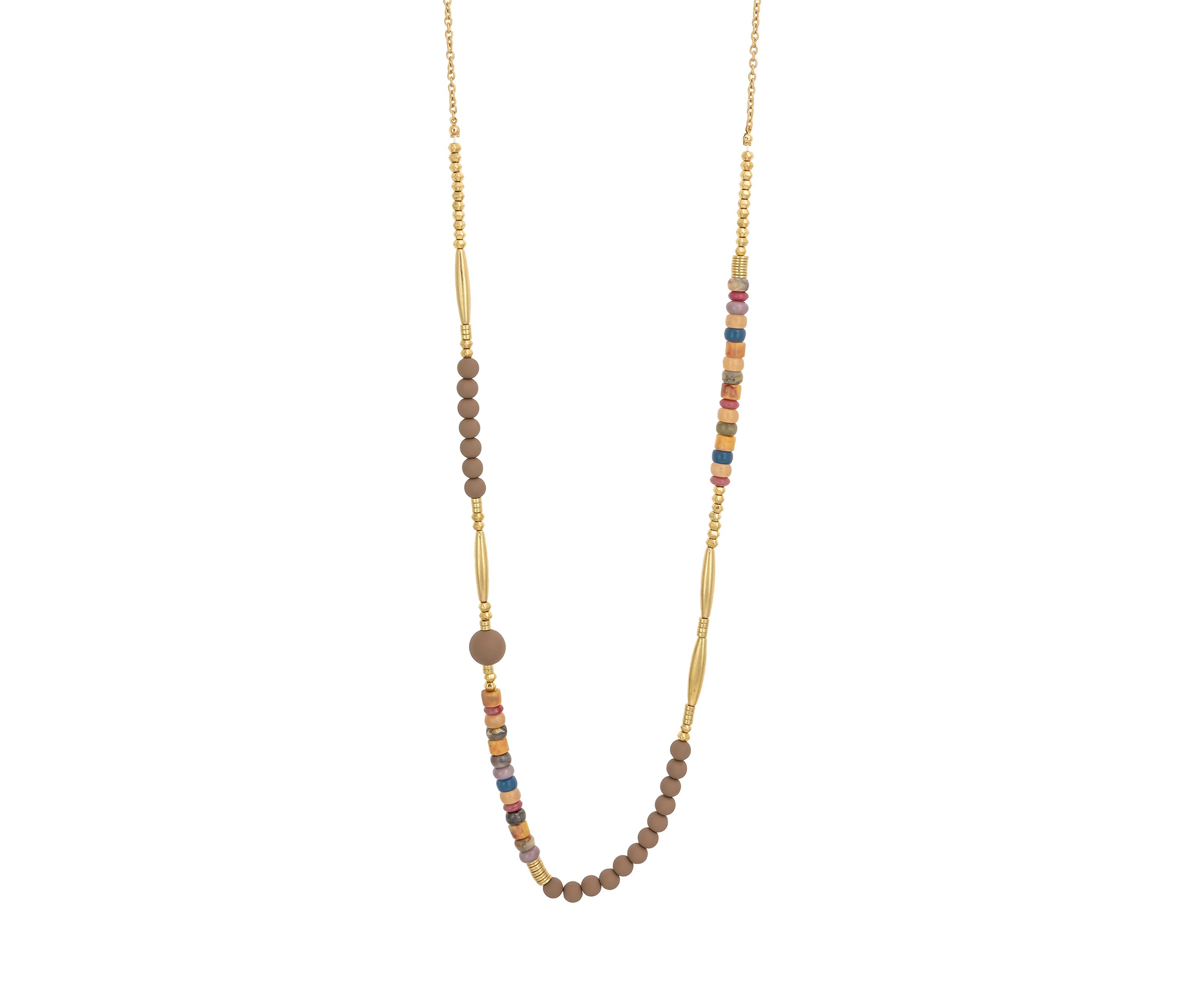 Gold Tone Neutral Multi Long Single Row Necklace with Bead Stations