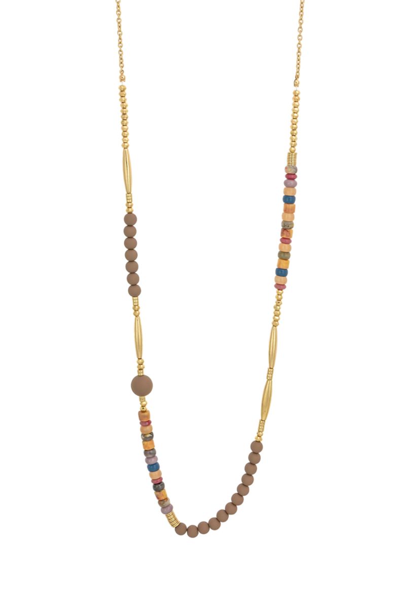 Gold Tone Neutral Multi Long Single Row Necklace with Bead Stations