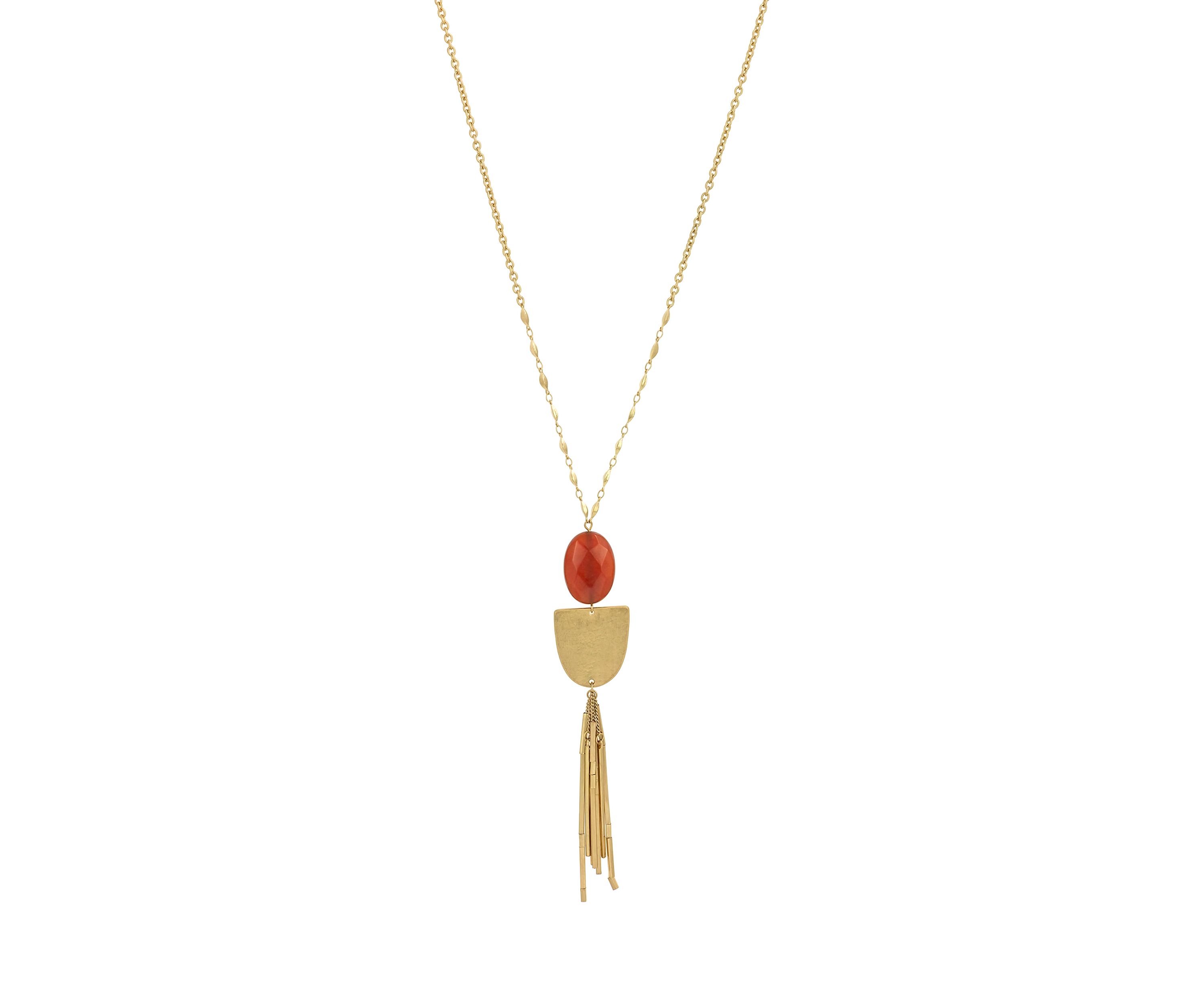 Gold Tone Long Chain Necklace with Rust Oval Stone, Metal Crescent Disc Pendant and Chain Tassel