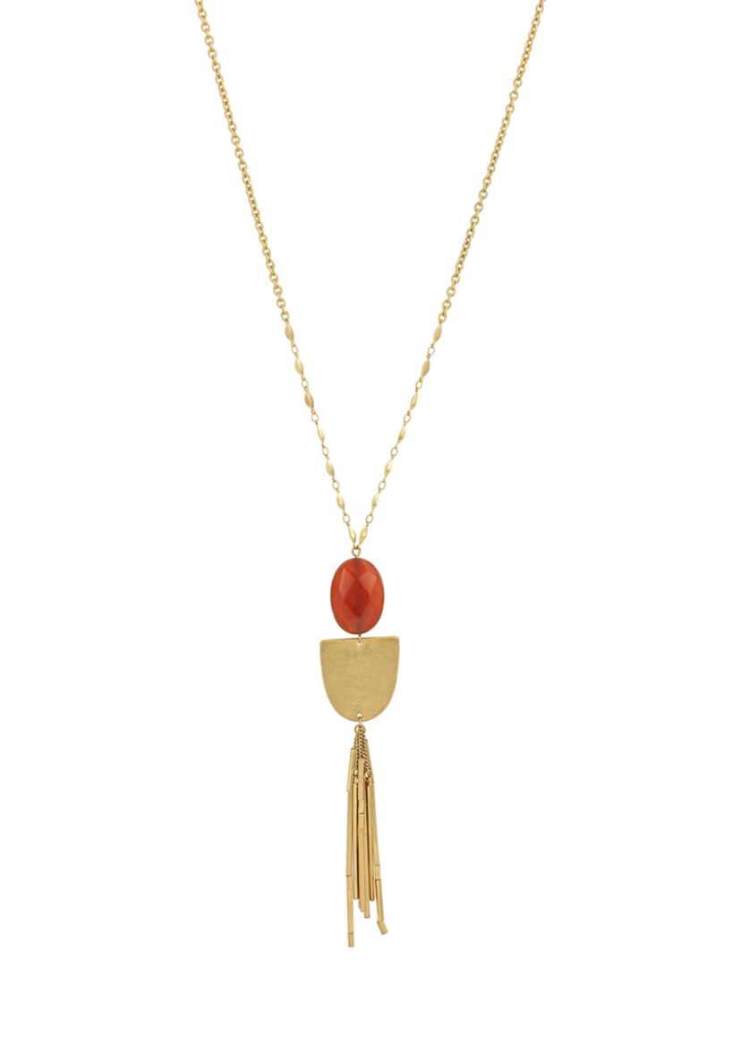 Gold Tone Long Chain Necklace with Rust Oval Stone, Metal Crescent Disc Pendant and Chain Tassel