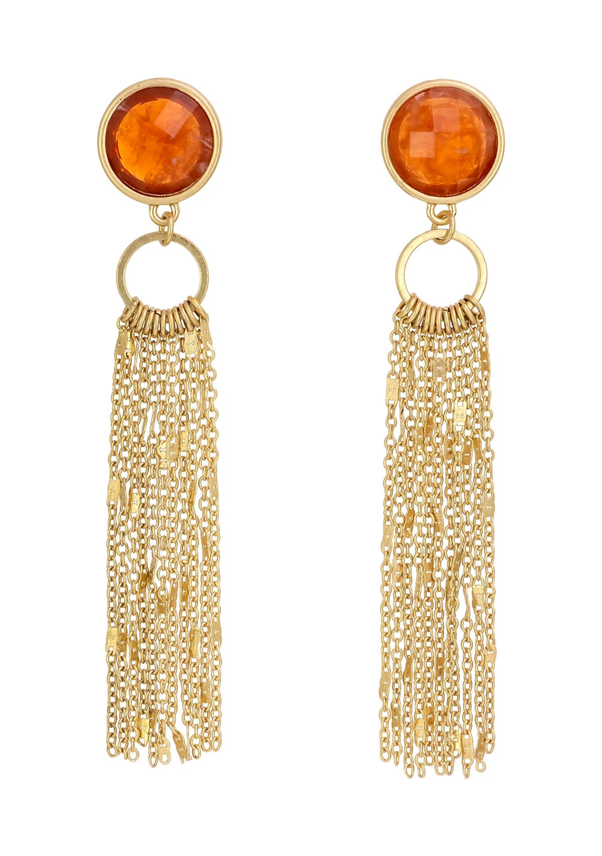 Gold Tone Rust Stone Post Top Earrings with Chain Tassel
