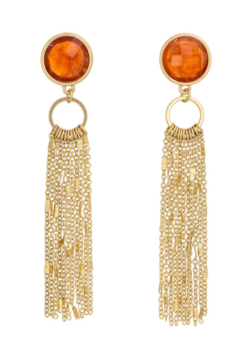 Gold Tone Rust Stone Post Top Earrings with Chain Tassel