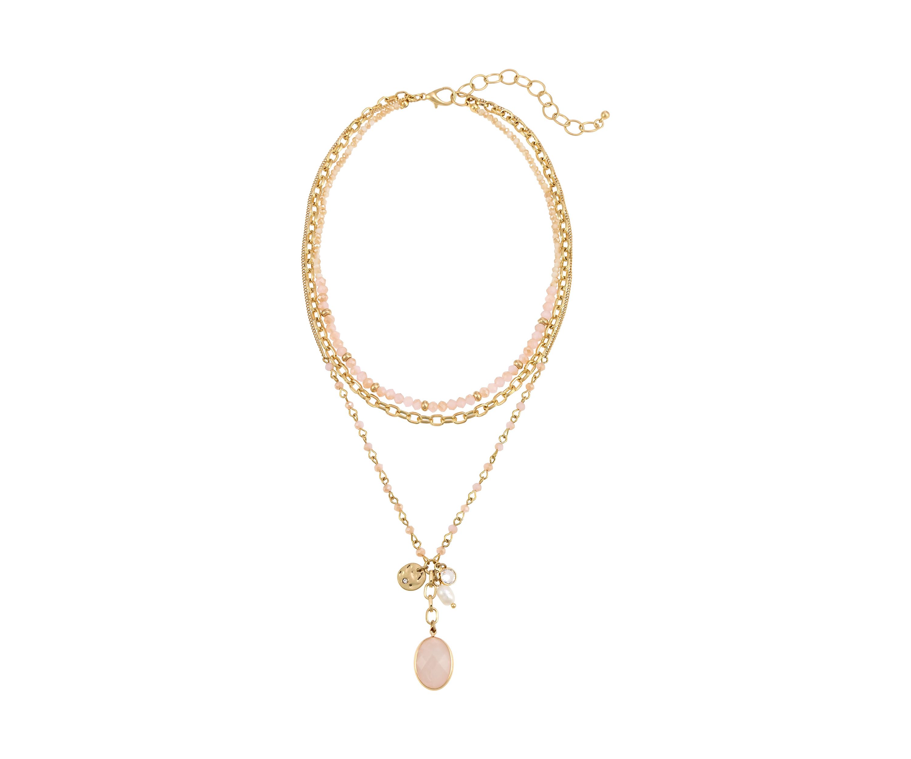 Gold Tone 3 Row Layered Pink Bead Chain Stone Charm Drop Necklace