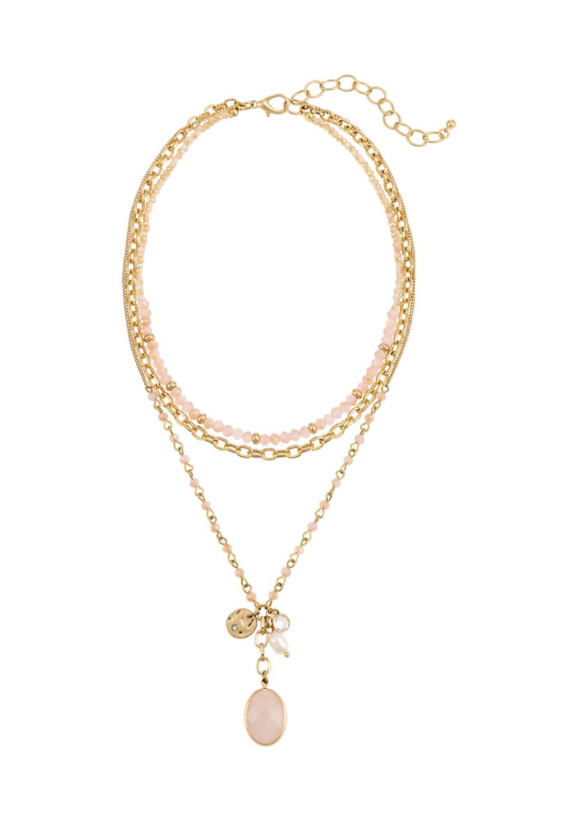 Gold Tone 3 Row Layered Pink Bead Chain Stone Charm Drop Necklace