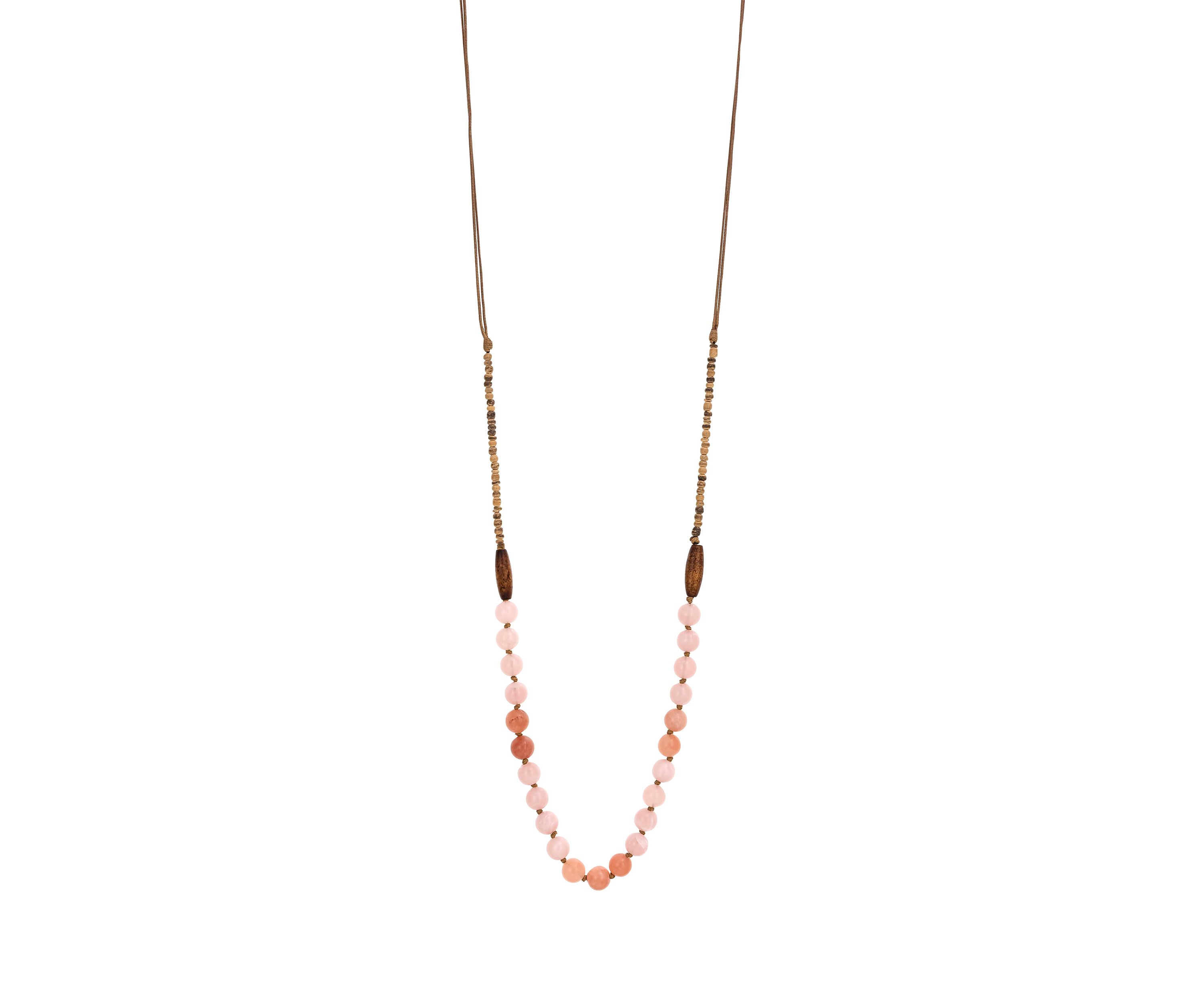 Gold Tone Long Pink and Multi Beaded Tan Cord Necklace