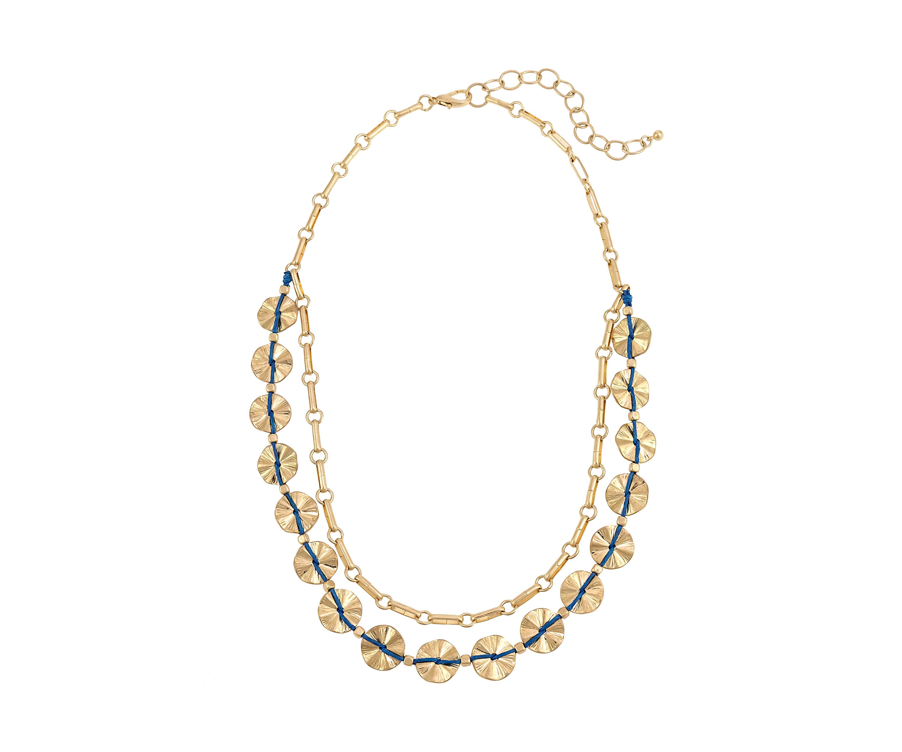 Gold Tone 2 Row Frontal Necklace with Blue Thread Woven Wavy Gold Tone Metal Discs