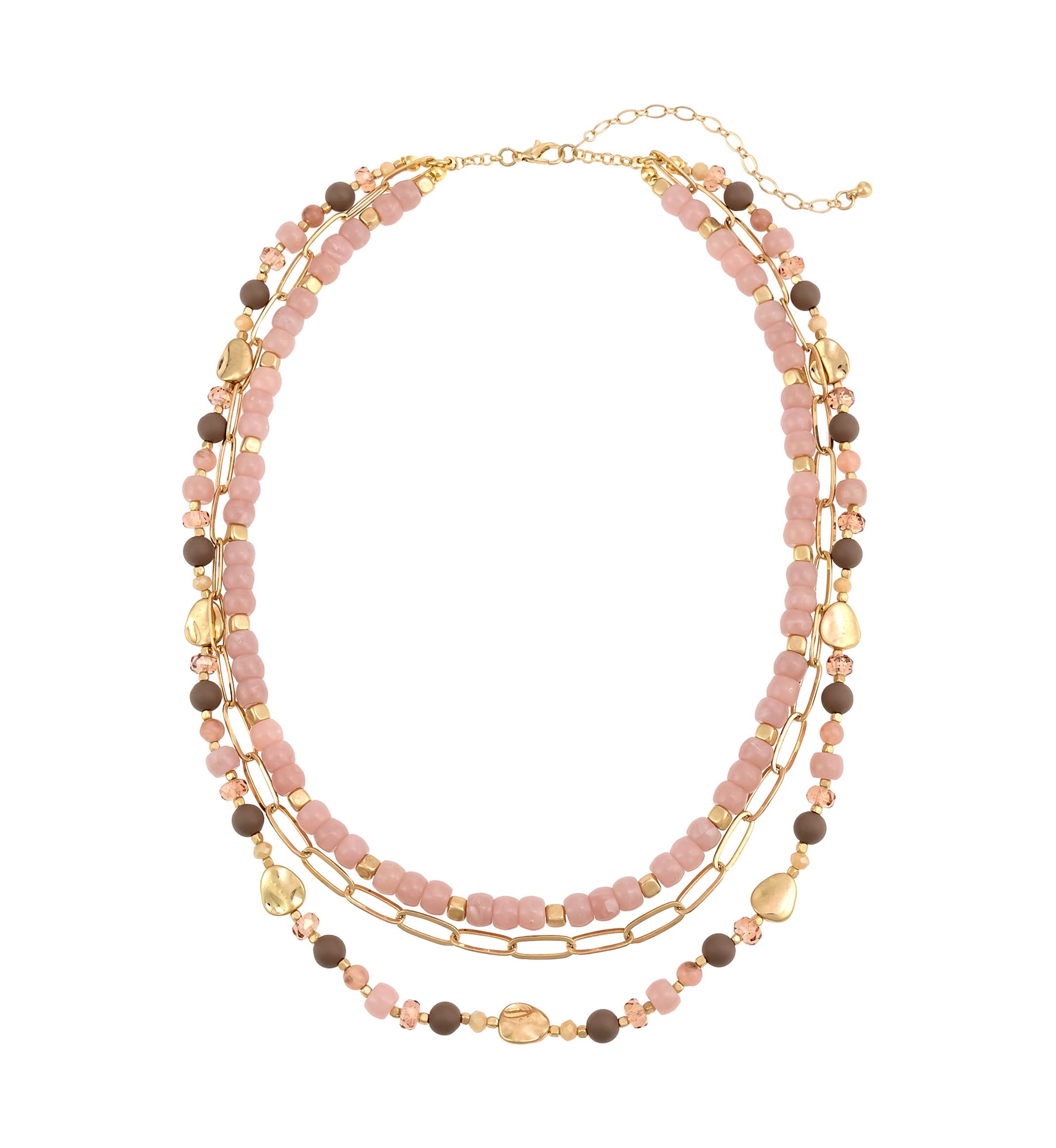 Gold Tone Short Layered 3 Row Pink Multi Bead with Chain Necklace