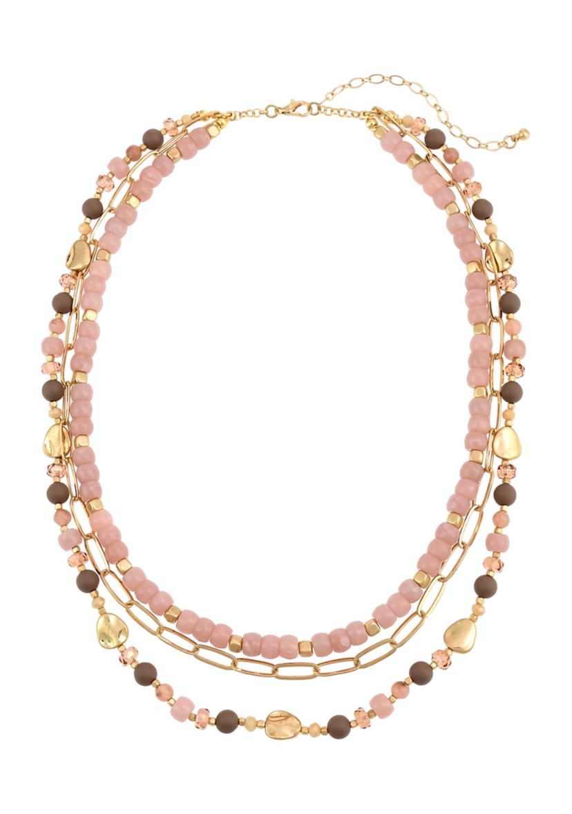 Gold Tone Short Layered 3 Row Pink Multi Bead with Chain Necklace