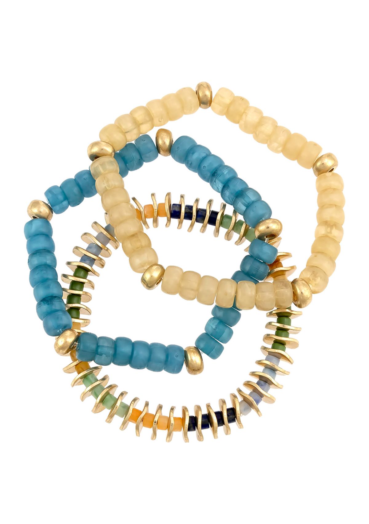 Gold Tone 3 Row Multicolored Beaded Stretch Bracelet