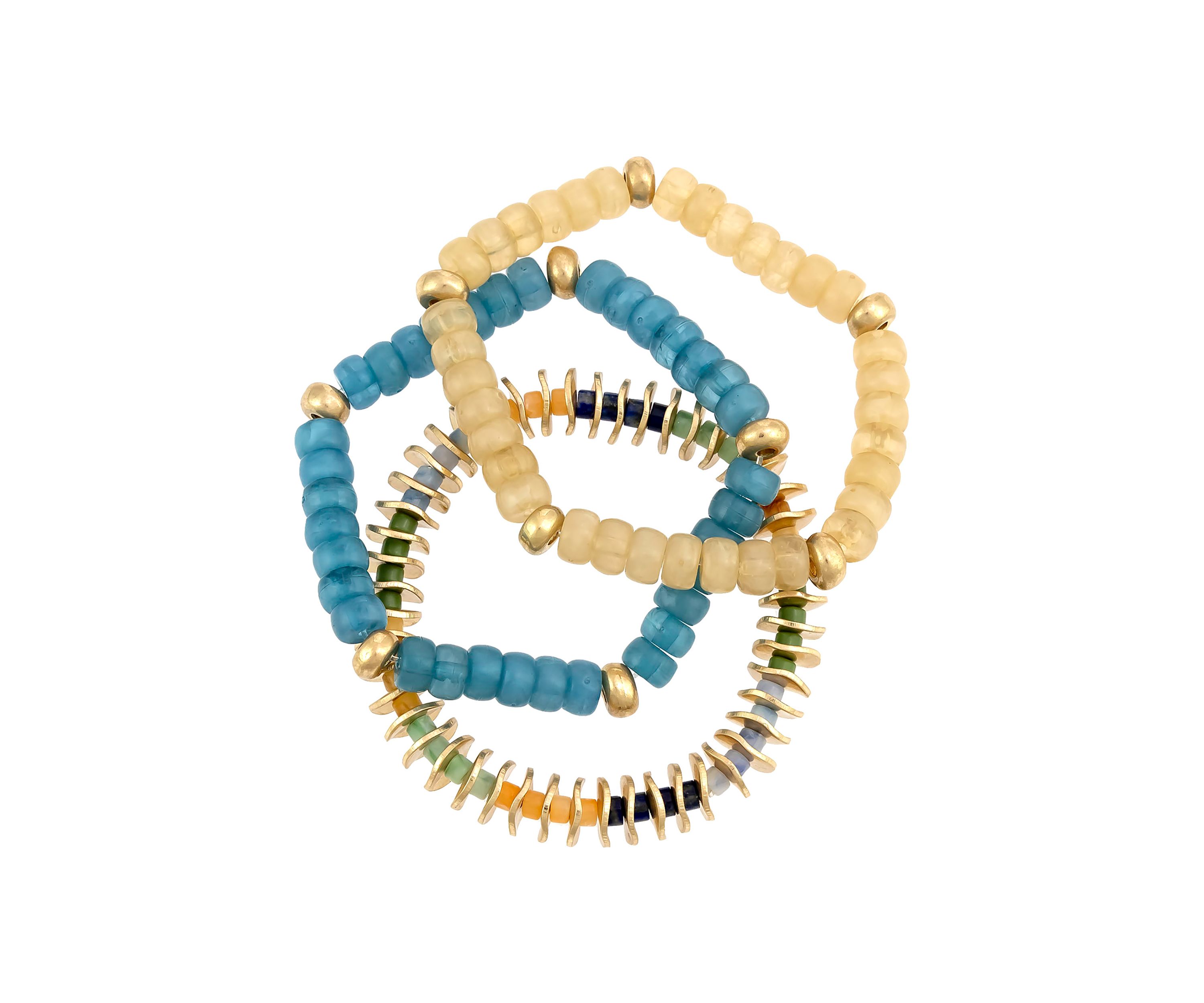 Gold Tone 3 Row Multicolored Beaded Stretch Bracelet