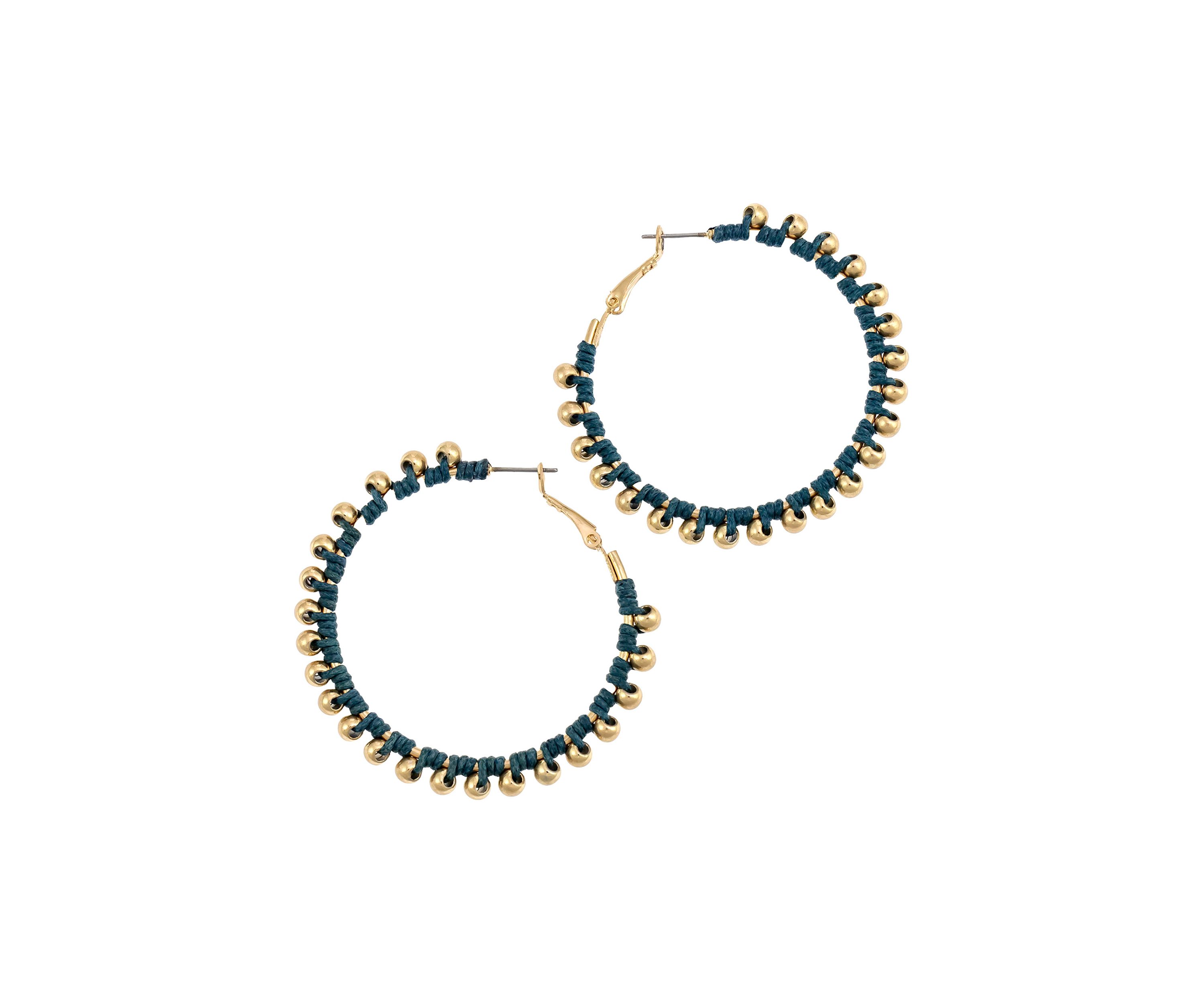 Gold Tone Blue Thread Wrapped Hoop Earrings with Bead Accents