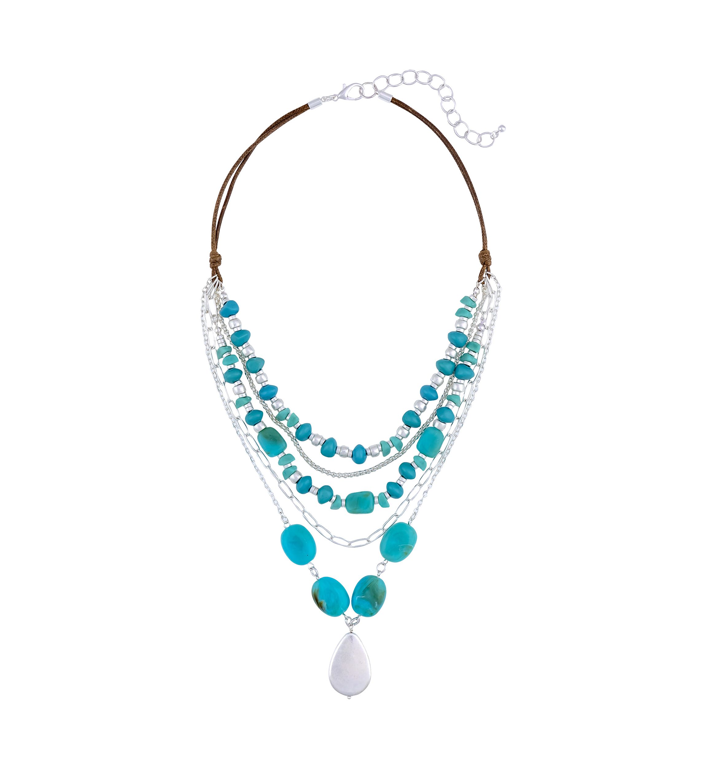 Silver Tone Turquoise Multi Layer Short Necklace with Teardrop Necklace