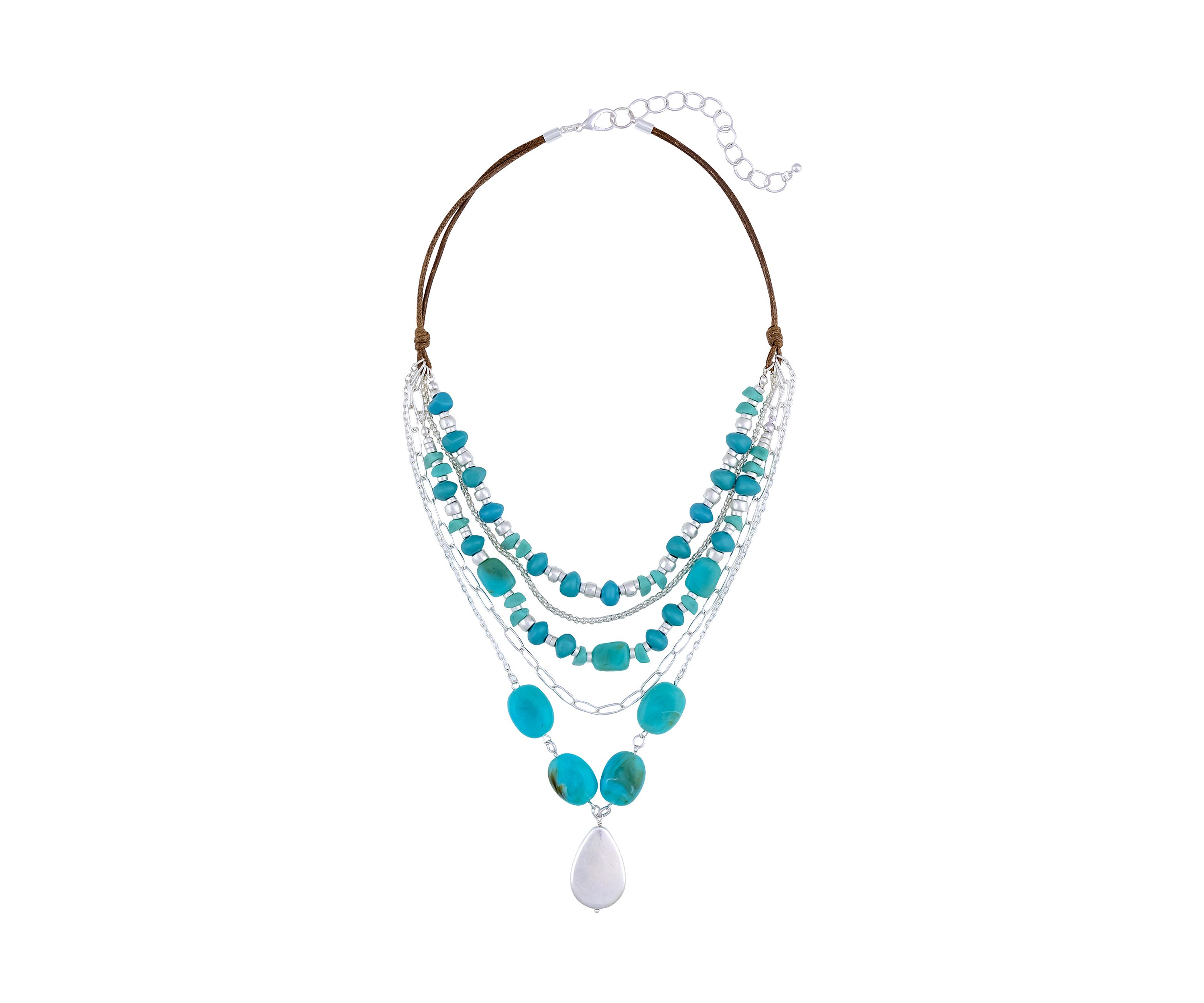 Silver Tone Turquoise Multi Layer Short Necklace with Teardrop Necklace