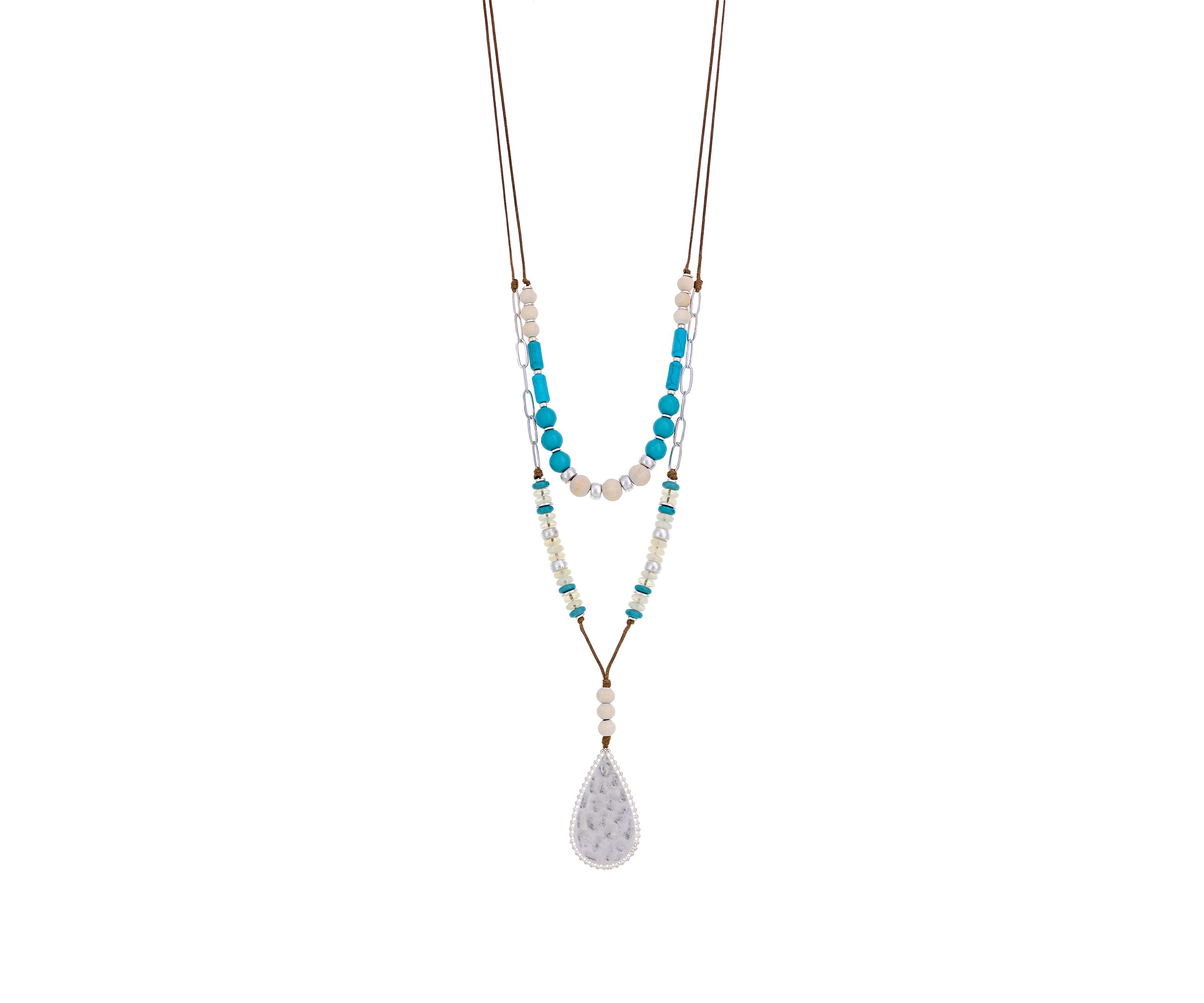 Silver Tone Double Row  Turquoise Multi Beaded Necklace