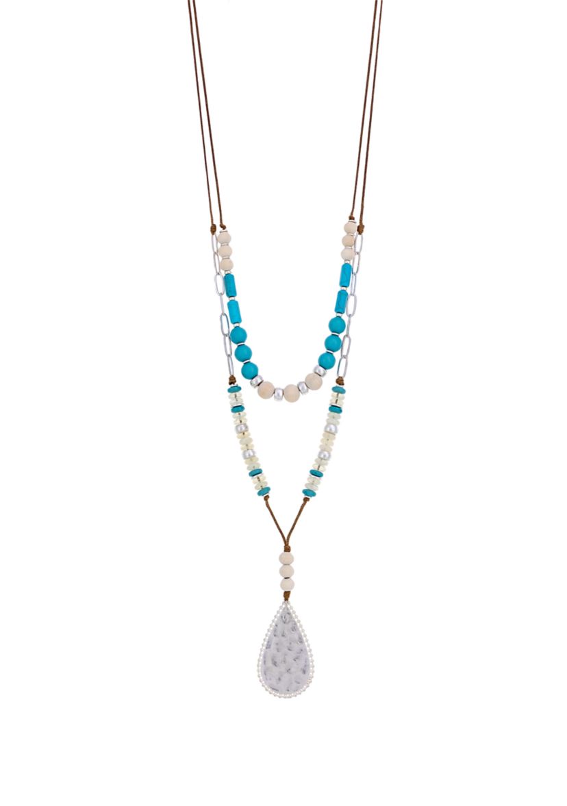 Silver Tone Double Row  Turquoise Multi Beaded Necklace