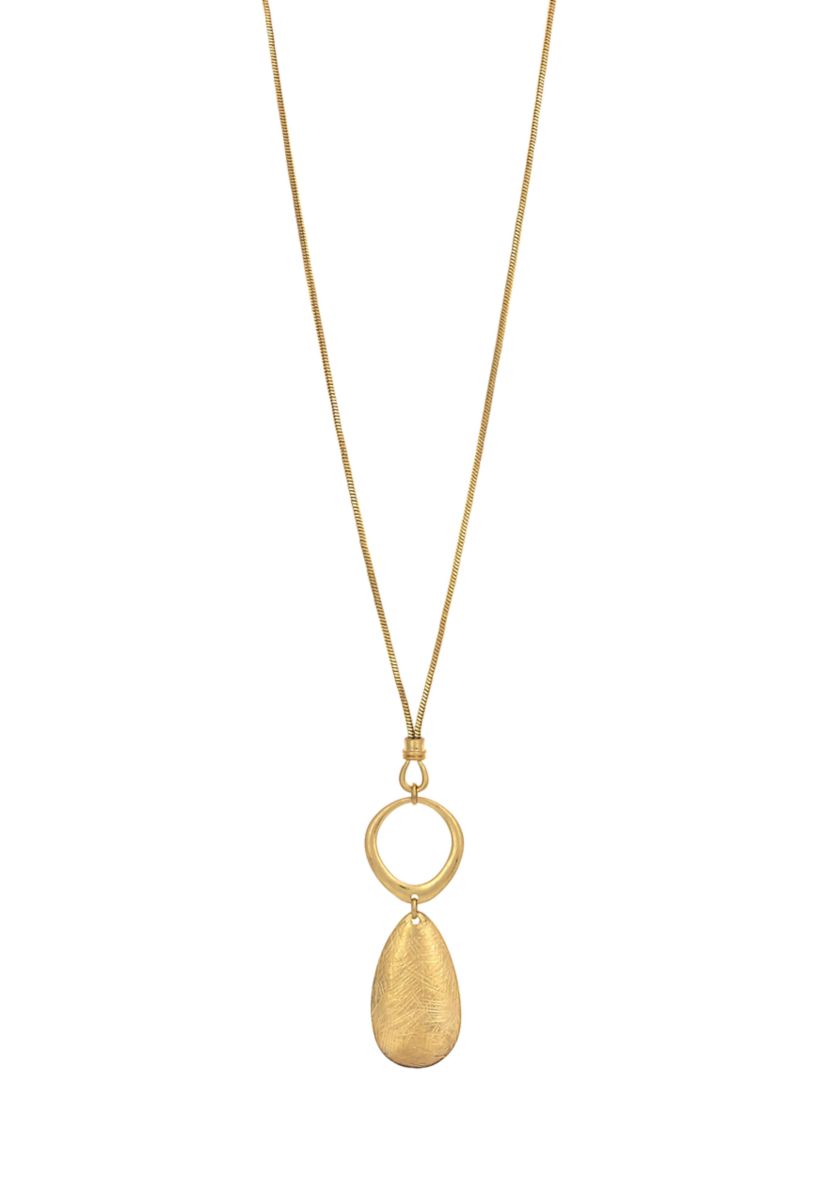 Gold Tone Long Open Ring with Oval Disc Pendant Necklace