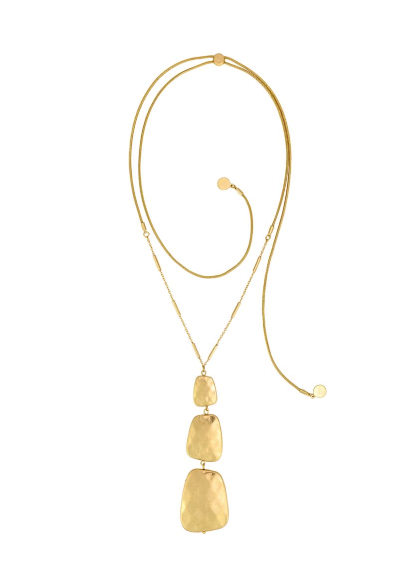 Gold Tone Long 3 Part Quilted Graduated Rectangle Pendant Necklace