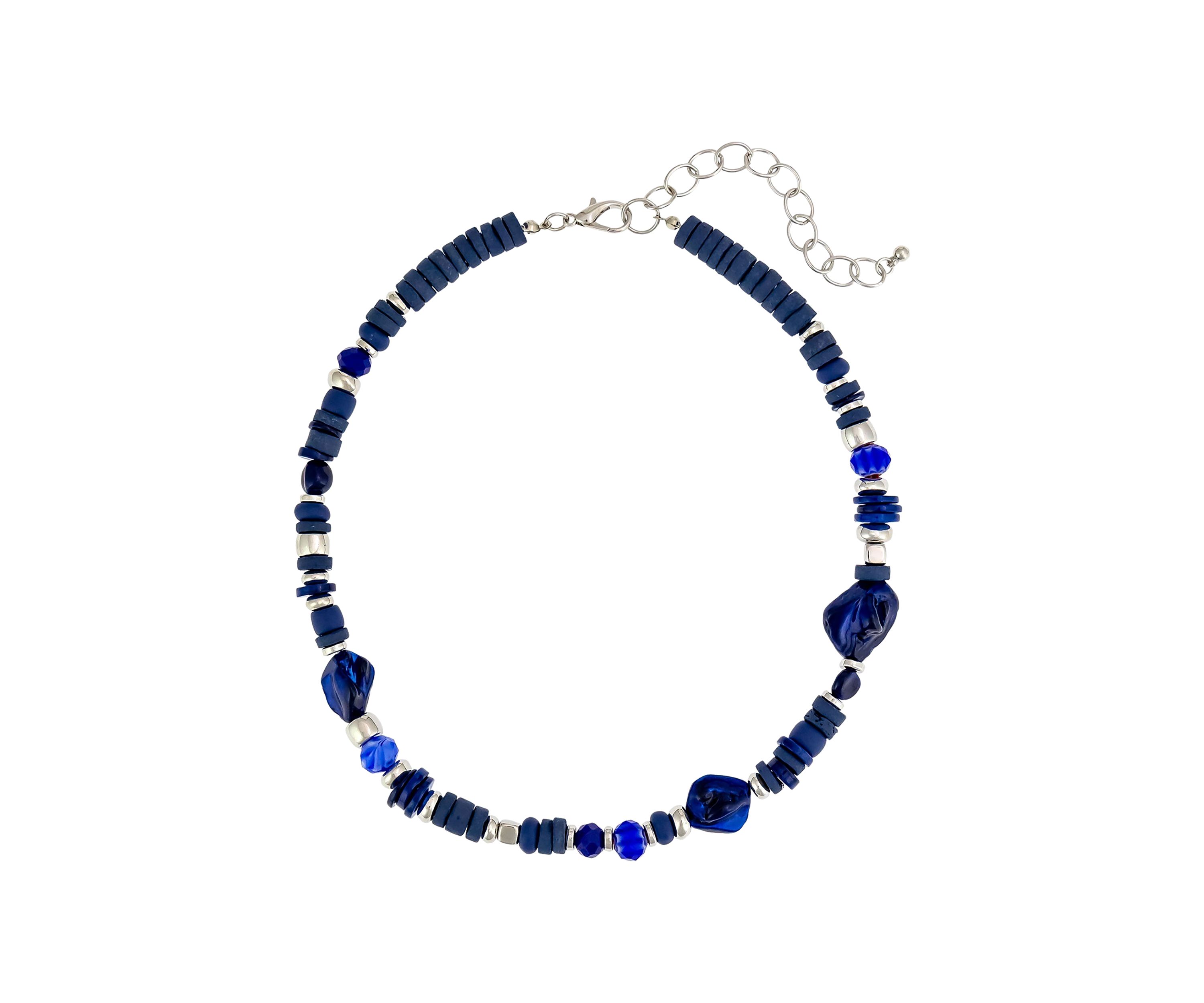 Silver Tone Single Row Mixed Blue Bead Necklace