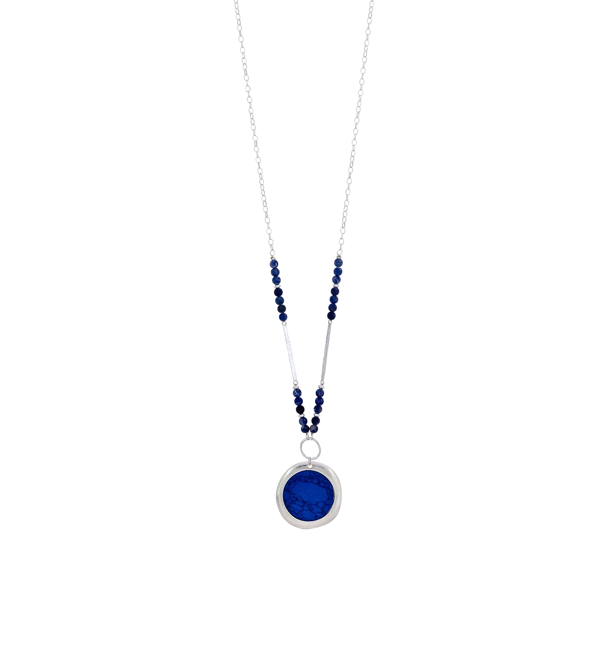 Silver Tone Long Chain with Blue Bead Side Stations and Framed Blue Pendant Necklace