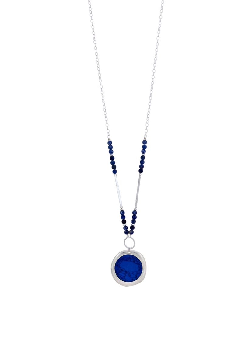 Silver Tone Long Chain with Blue Bead Side Stations and Framed Blue Pendant Necklace
