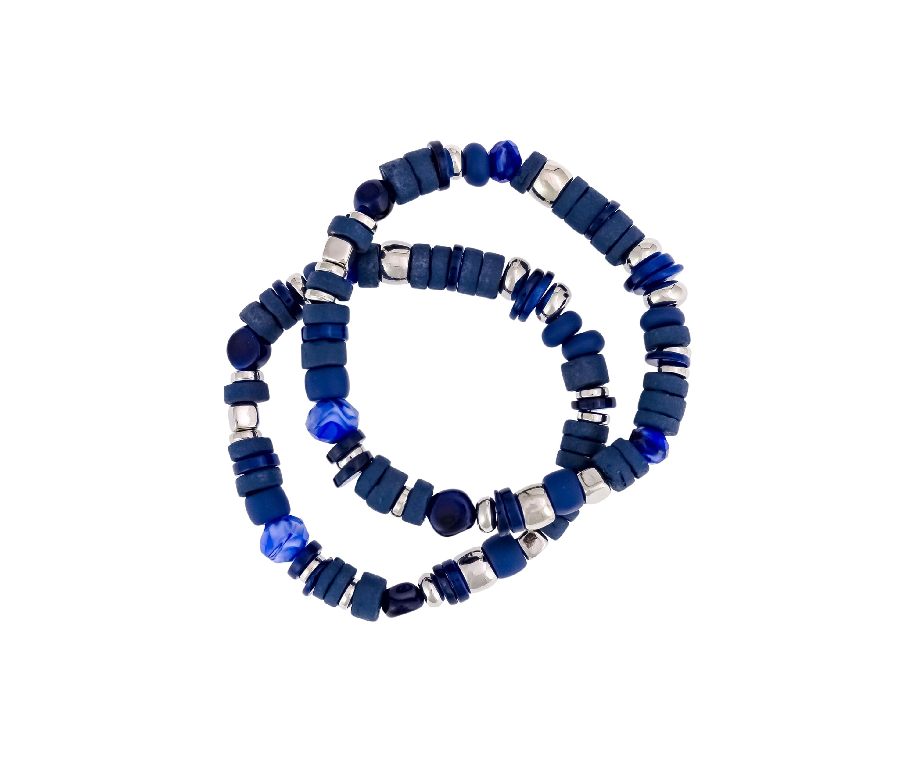 Silver Tone 2 Row Blue Mixed Beaded Stretch Bracelet Set