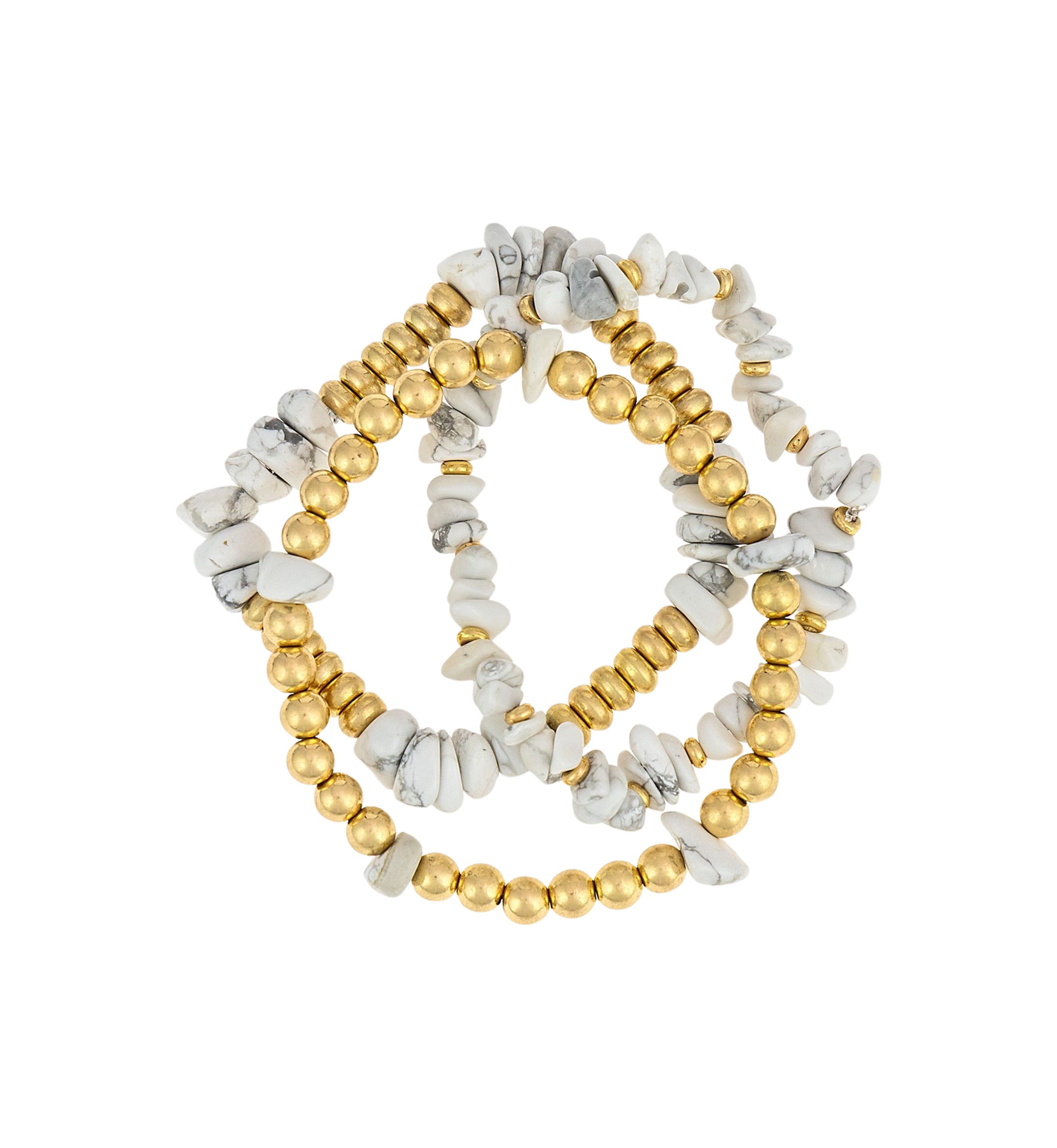 Gold Tone 3 Row White Beaded Stretch Bracelet Set