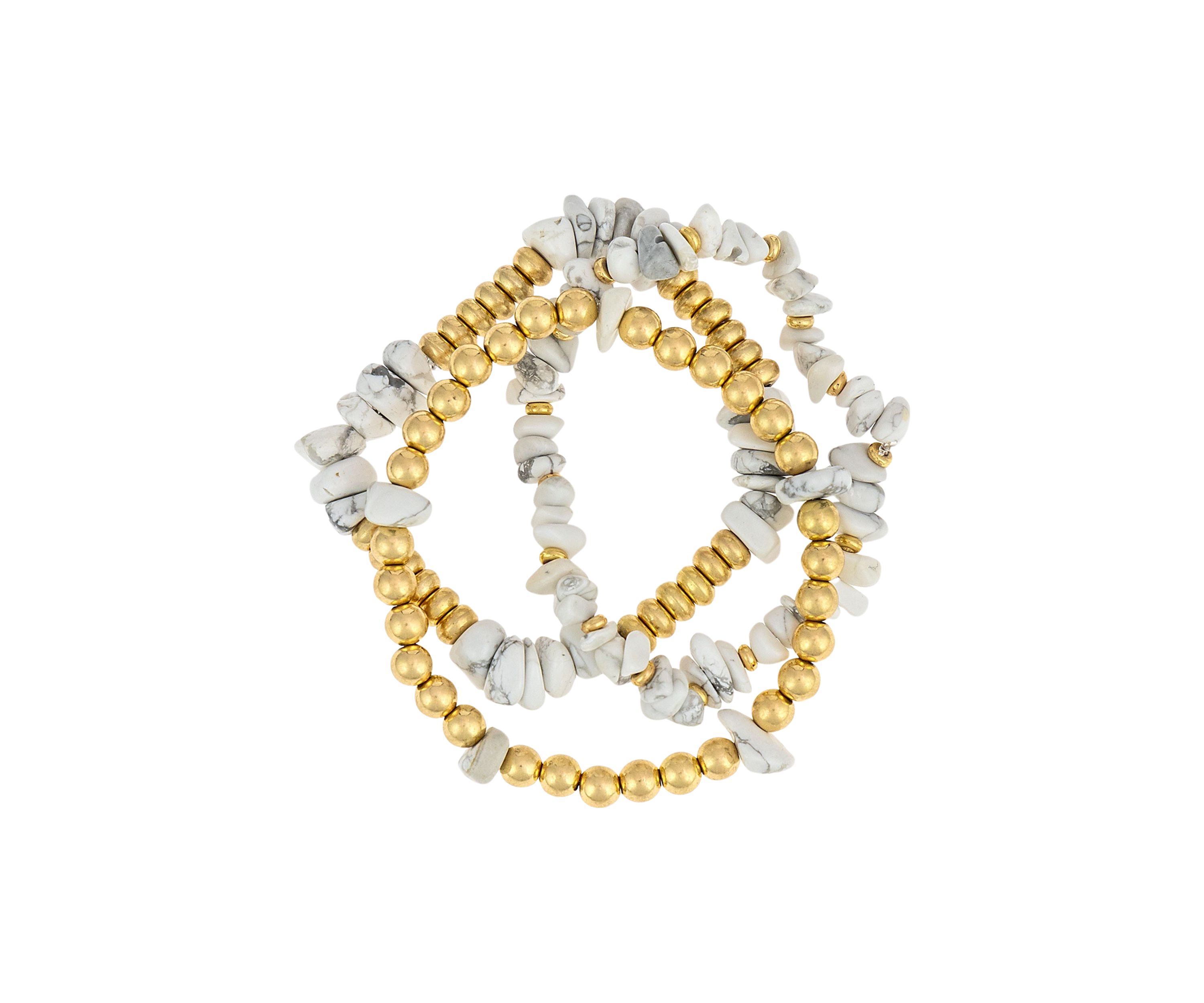 Gold Tone 3 Row White Beaded Stretch Bracelet Set