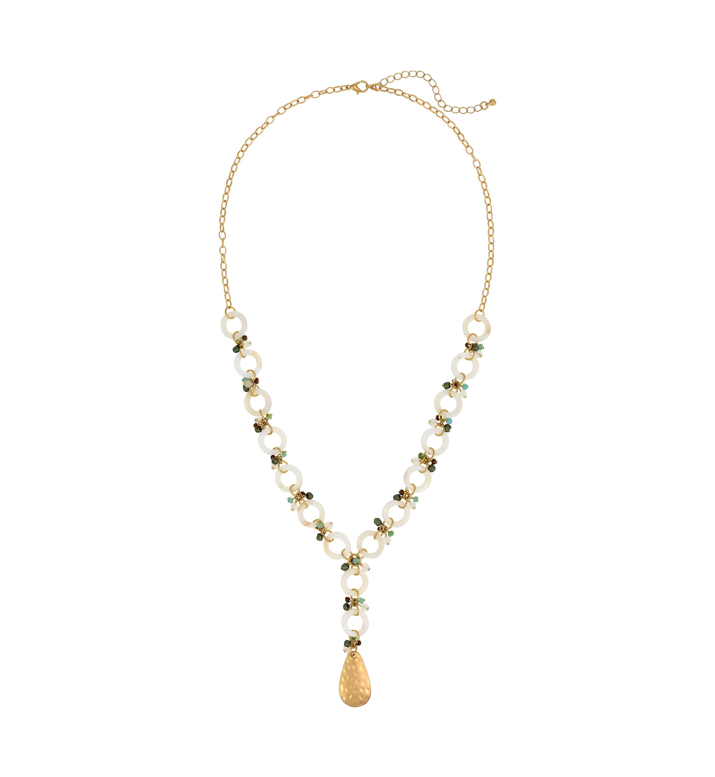 Gold Tone Linked White Shell Open Round Disc Y Necklace