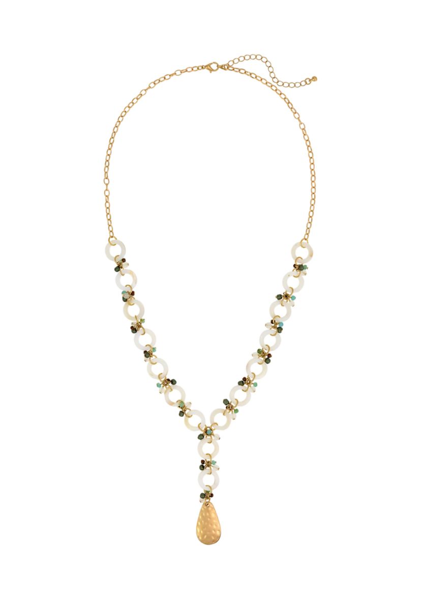 Gold Tone Linked White Shell Open Round Disc Y Necklace