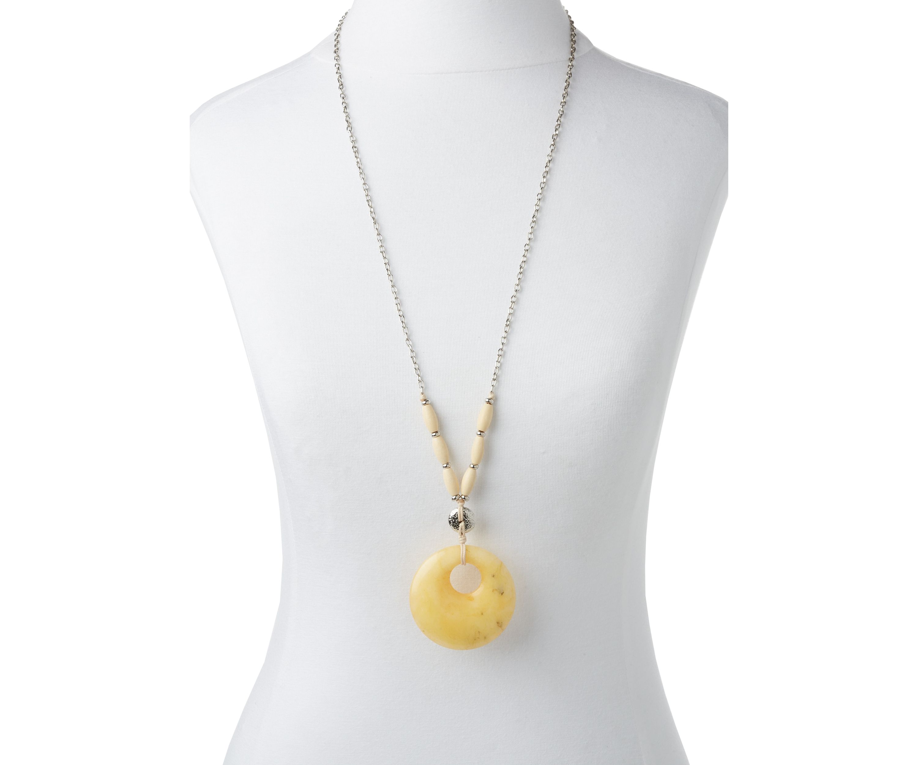 Silver Tone Long  Yellow Stone Donut Pendant Necklace