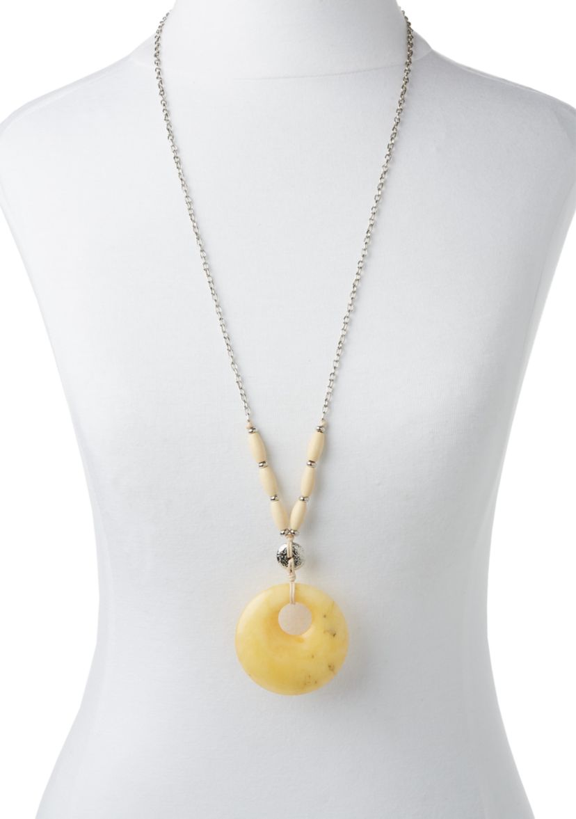 Silver Tone Long  Yellow Stone Donut Pendant Necklace
