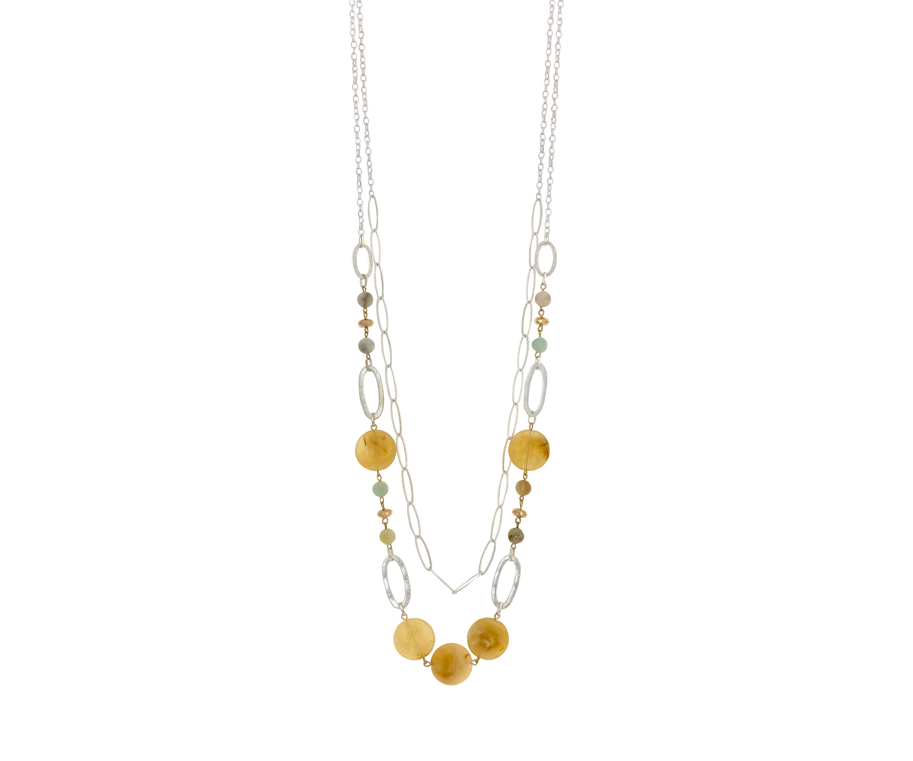 Two Tone Long 2 Row Linked with Yellow Multi Bead Necklace