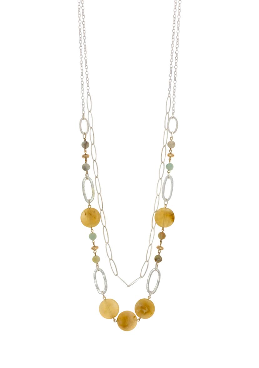 Two Tone Long 2 Row Linked with Yellow Multi Bead Necklace