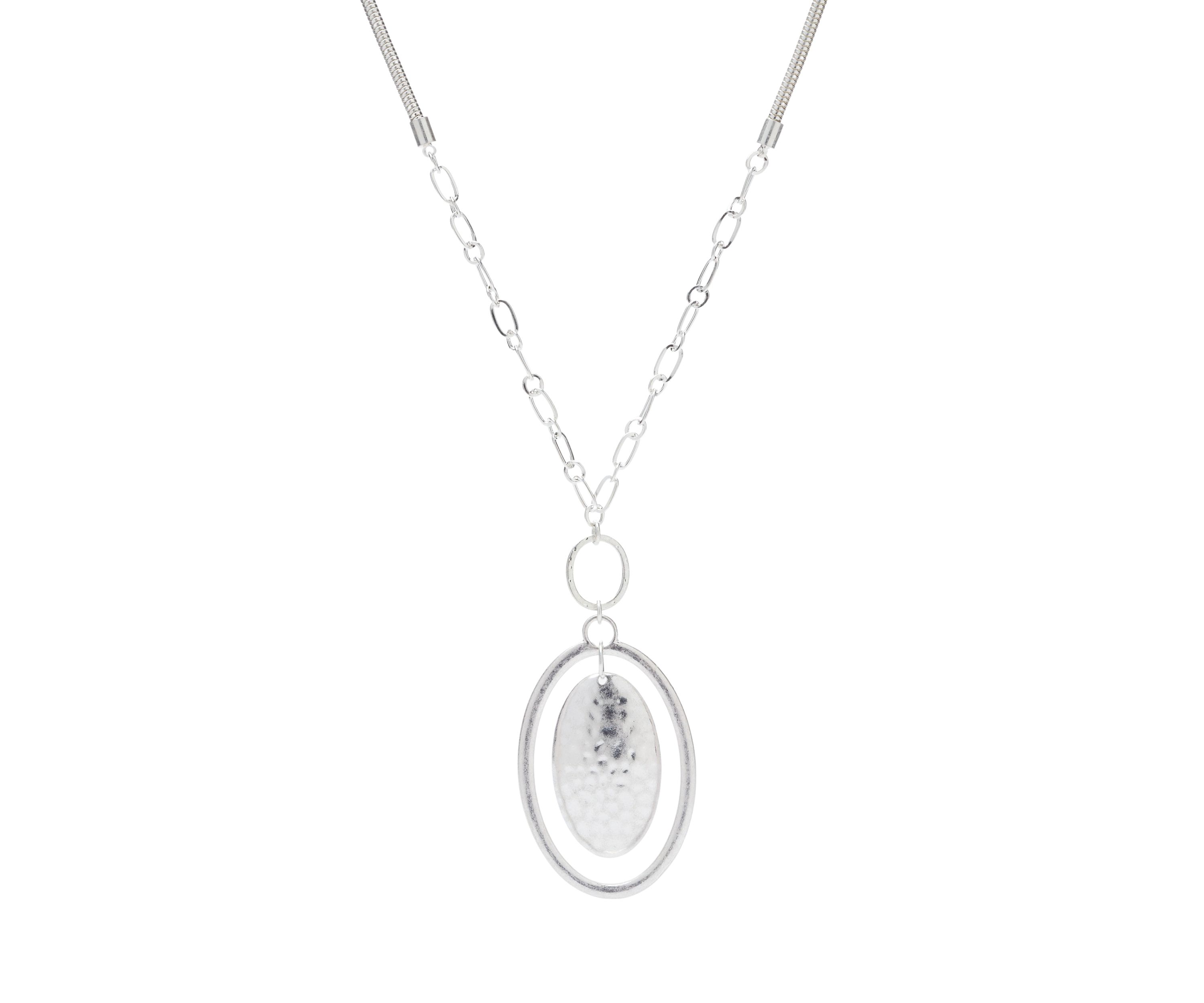 Silver Tone Long Oval Orbital Pendant Necklace