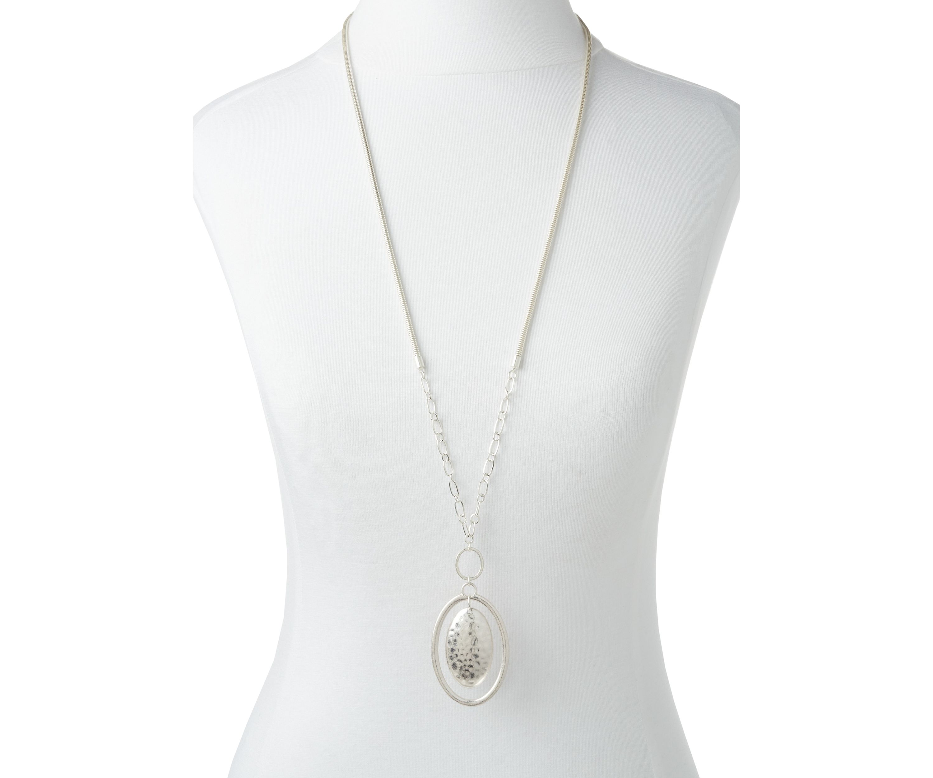 Silver Tone Long Oval Orbital Pendant Necklace