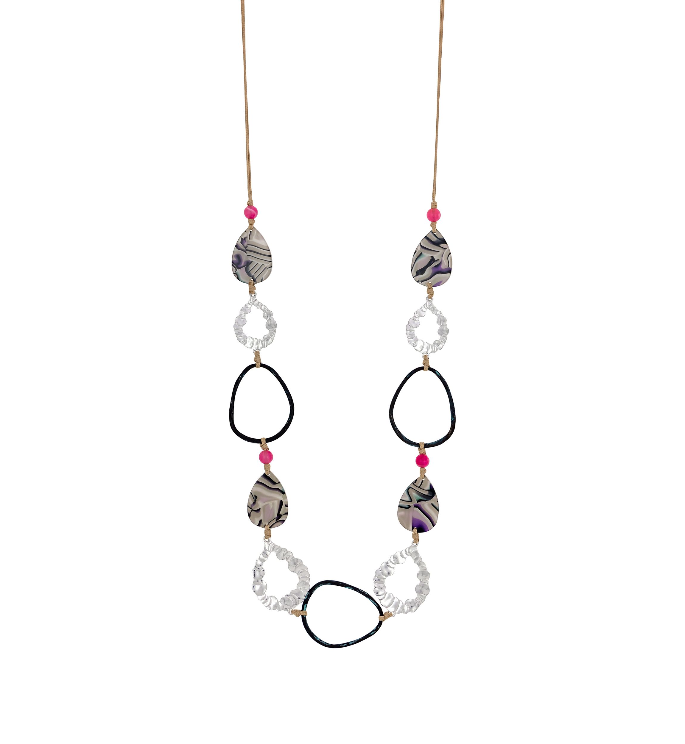 Silver Tone Multicolored Cord Long Necklace