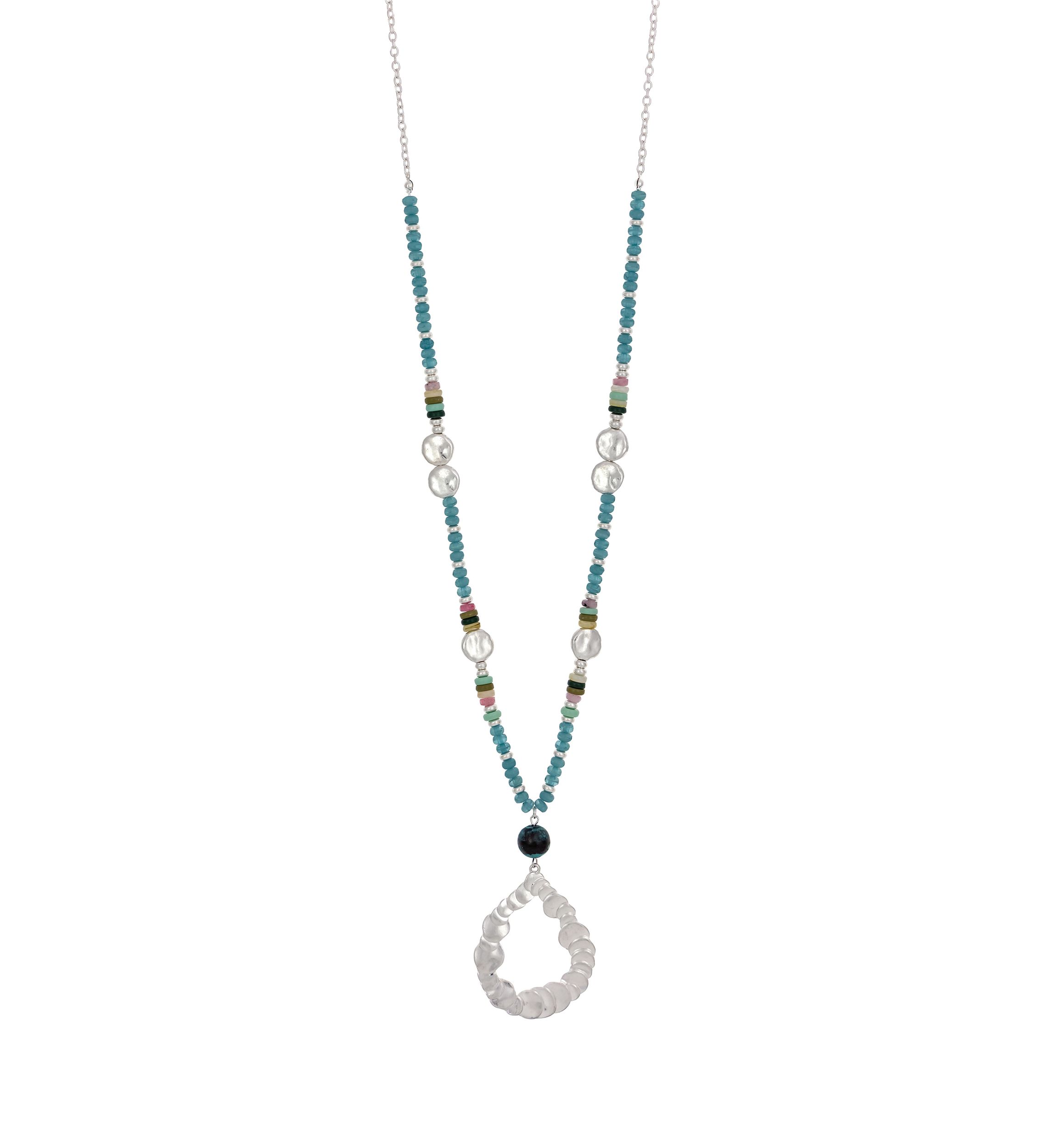 Silver Tone Long Multi Beaded Open Teardrop Pendant Necklace
