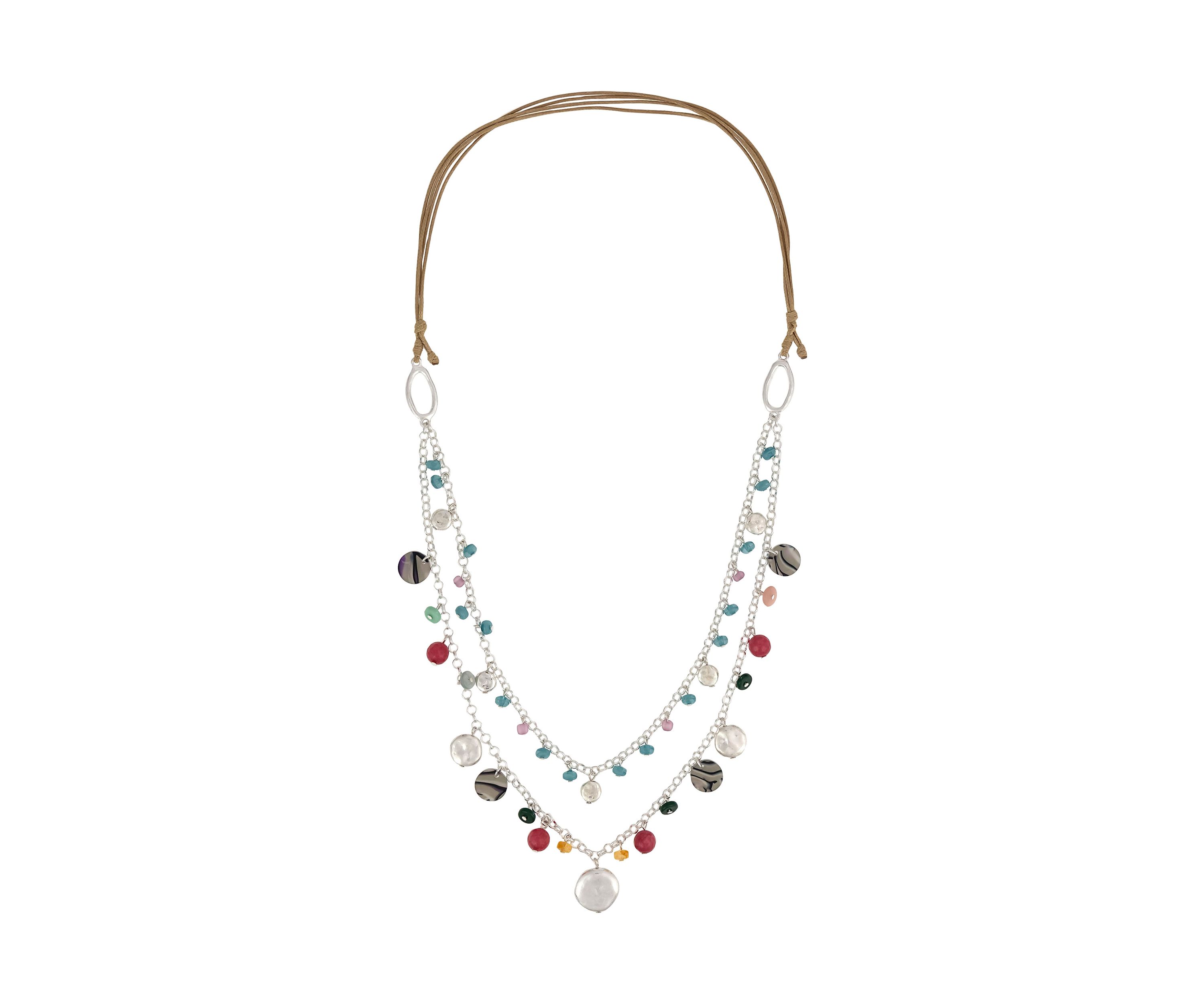 Silver Tone 2 Row Shaky Multicolored Bead Necklace
