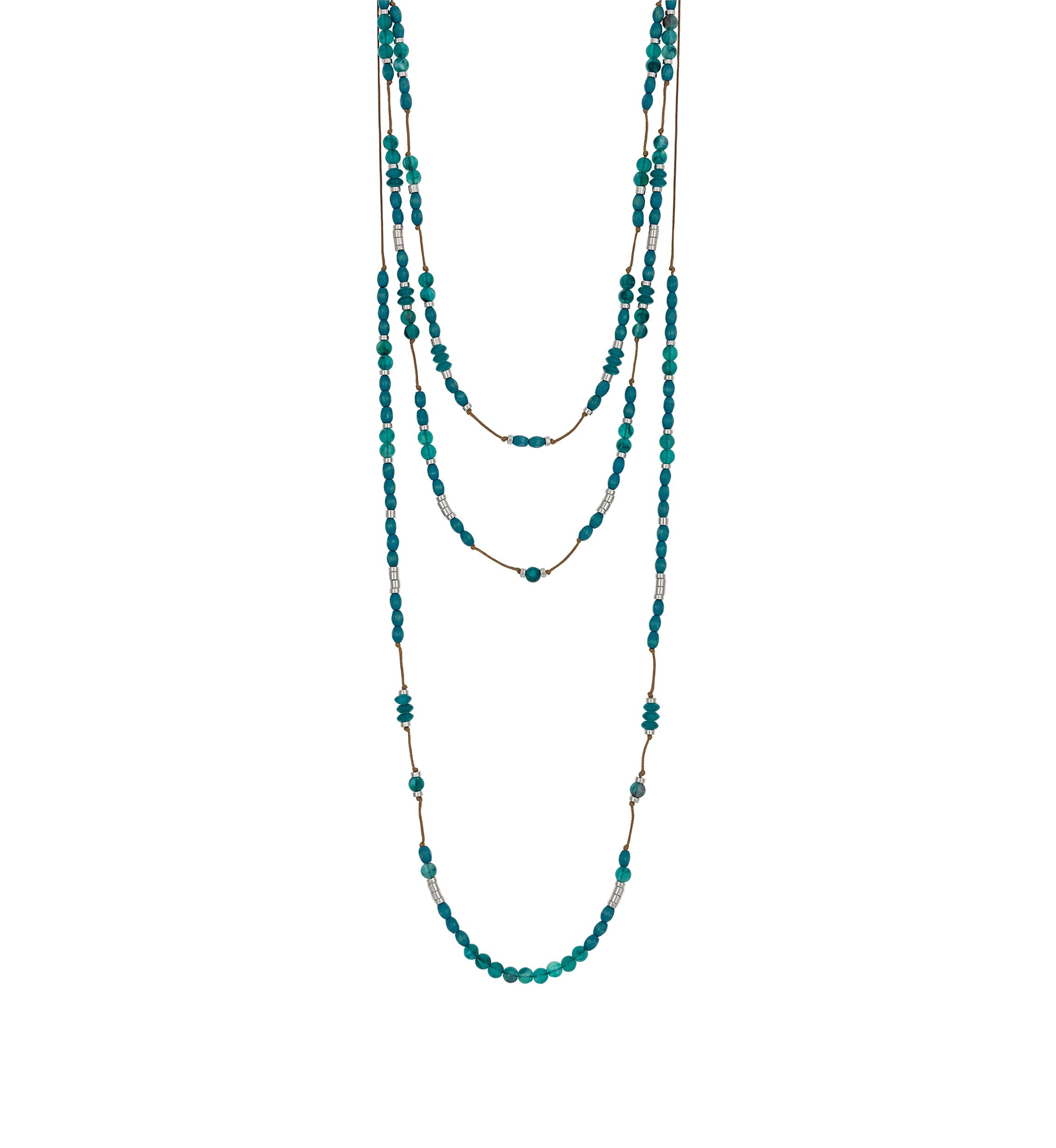 Silver Tone Layered 3 Row Teal Bead Stations on Cord Necklace